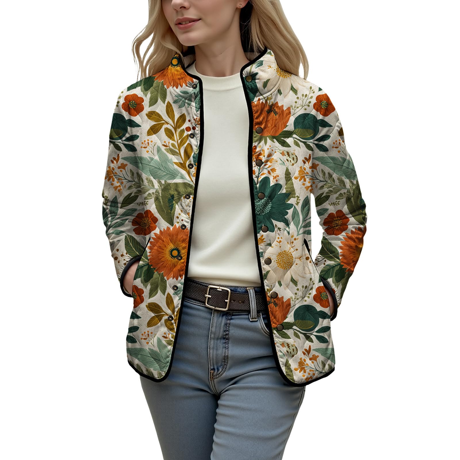 Womens Puffer Jacket Floral Print Lightweight Quilted Jacket Stand Collar Fall Winter Coat Outerwear with Pockets