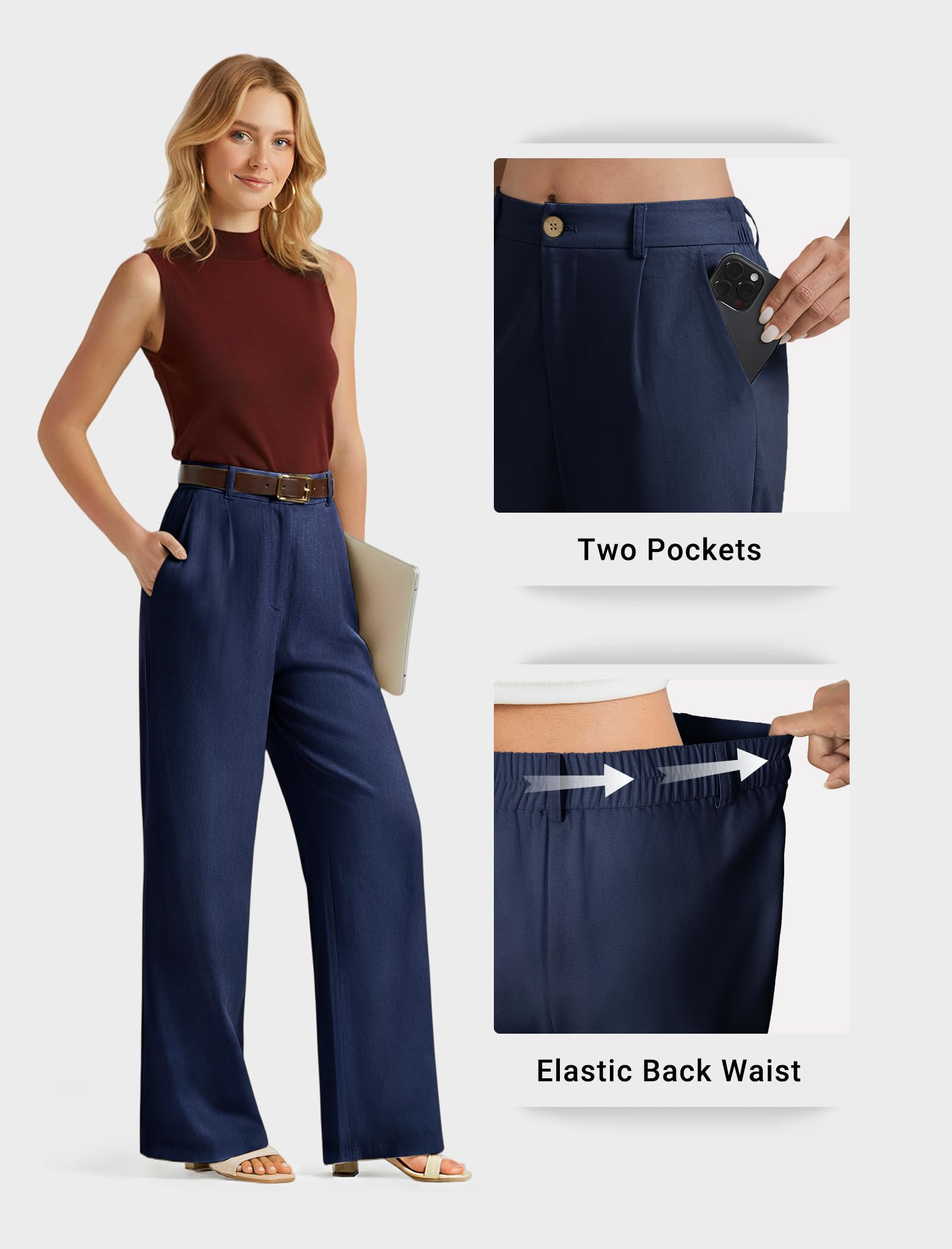 Enmain Pantalon Lin Femme Jambes Larges Bureau Pantalon Taille Haute Décontracté Coton Costume Pants avec Poches