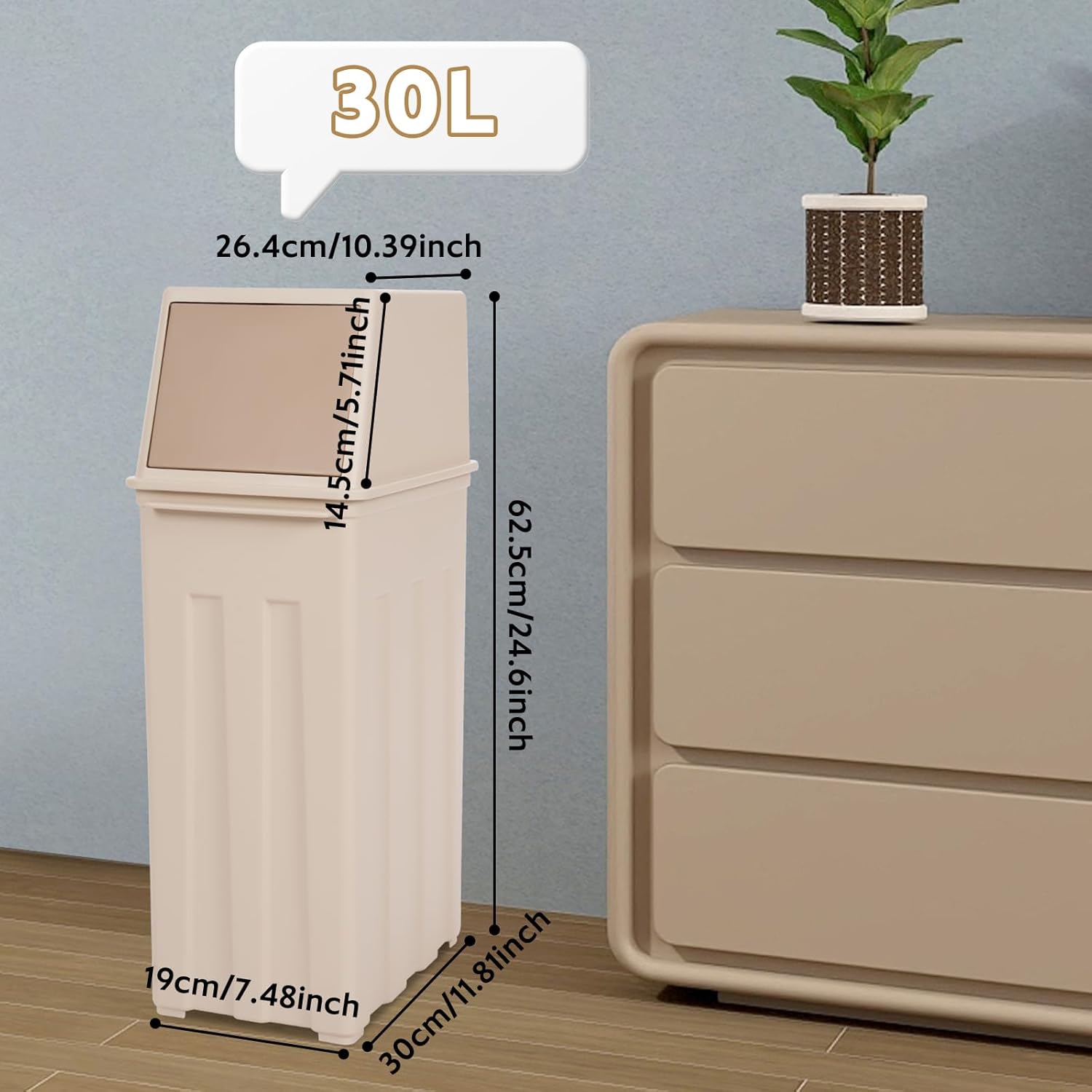 Bathrena 8 Gallon Narrow Trash Can, Slim Space Saving Design, Odor Control and Pest Prevention, Durable PP Material, Removable Lid, Indoor Outdoor Swing Door Waste Basket