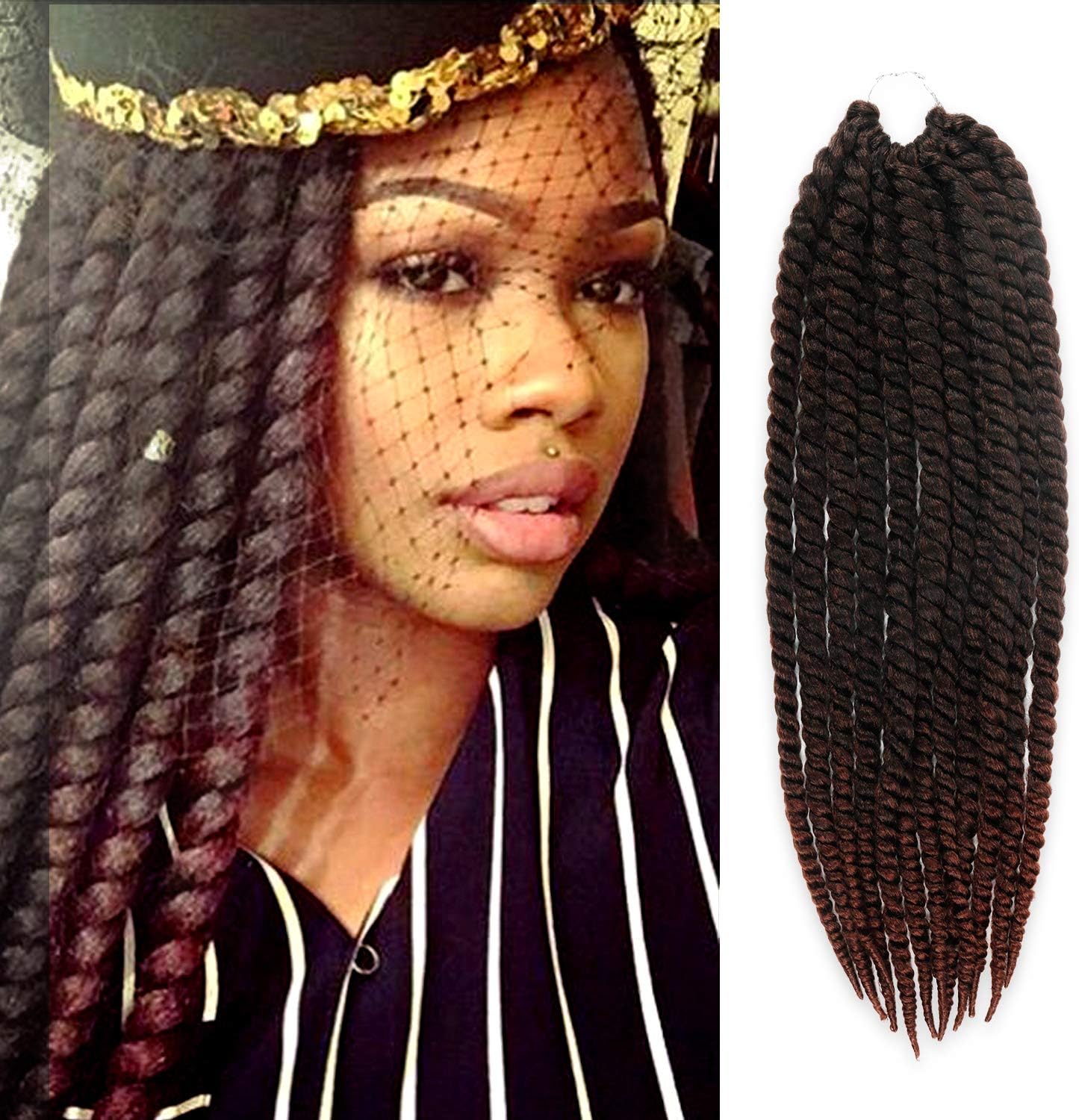 AU-THEN-TIC Jumbo Senegalese Twist Crochet Hair, 24 Inch, 6 Pack, Synthetic Extensions for Havana and Mambo Twist Styles, (M1B/30, Off Black & Light Auburn Mixed)
