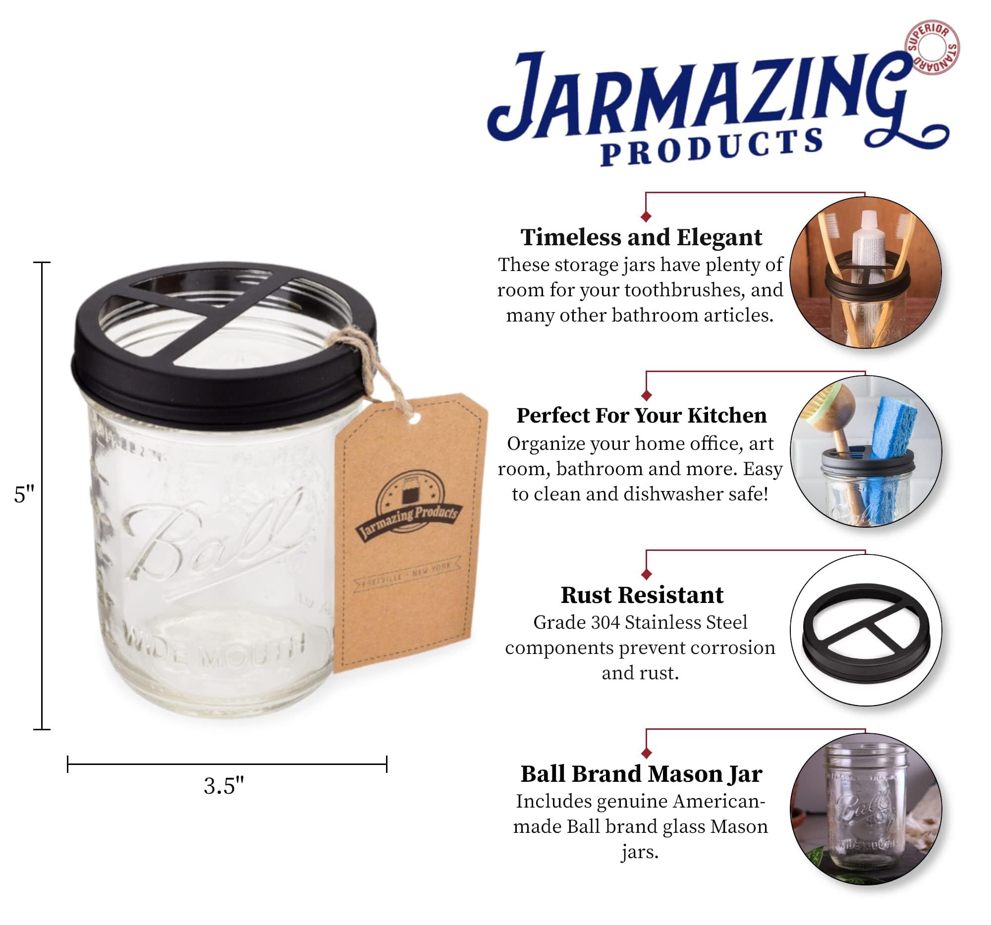 Jarmazing Products Mason Jar Uchwyt na szczoteczkę do zębów, czarny, z kulkowym słoikiem o pojemności 473 ml, wykonany z odpornej na rdzę stali nierdzewnej