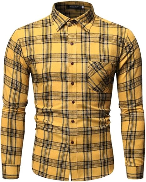 Amazon Co Jp シャツワイシャツ 品質ブランド男性チェック柄シャツメンズファッションワイルド長袖シャツ男性ビジネスカジュアルシャツトップス Color Yellow Size M 服 ファッション小物