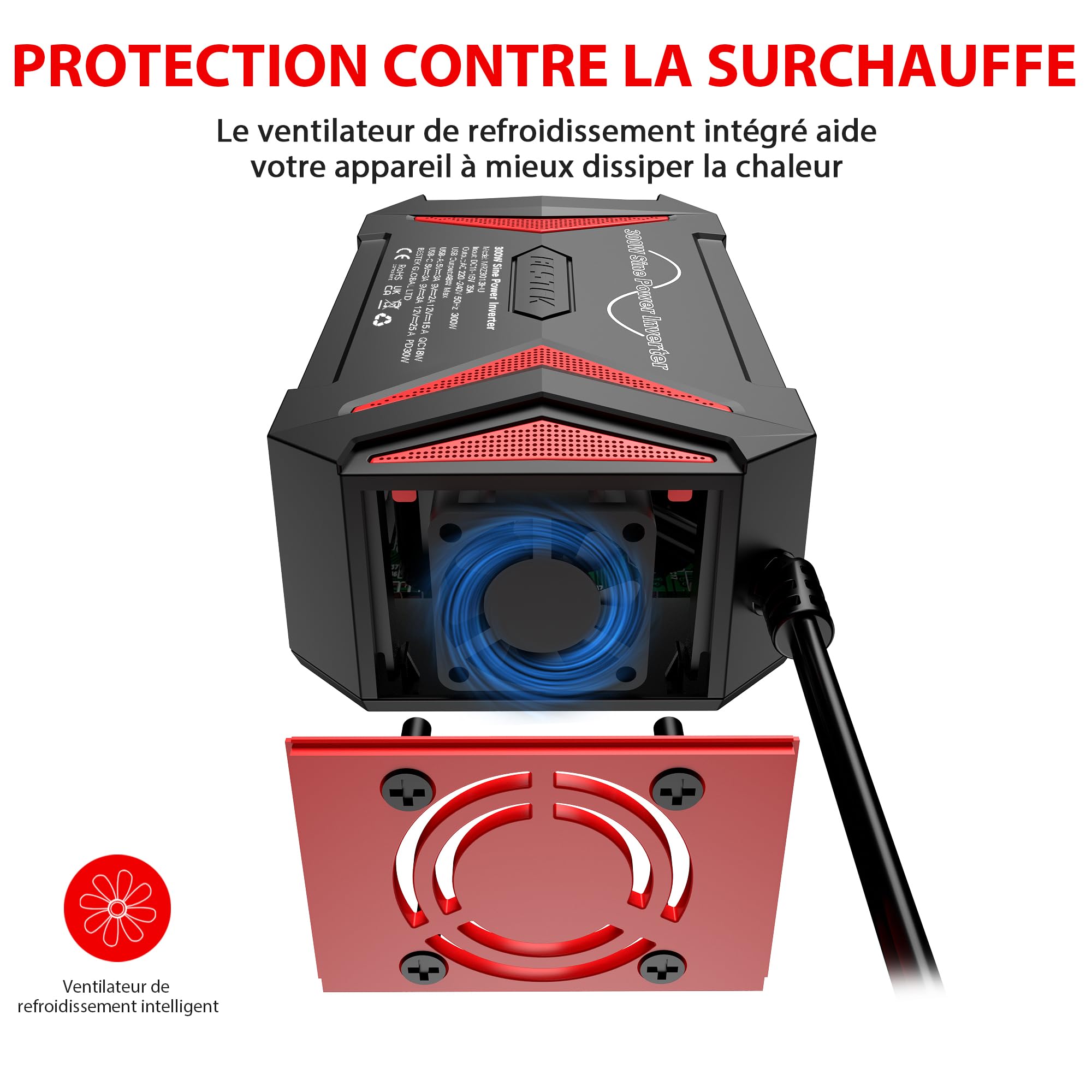 BESTEK Convertisseur 12v 220v Pur Sinus 300w Convertisseur Sinusoïdale pour Voiture Vacance Onduleur Pure 12v avec 2 Port Charge Rapide（PD30W&QC18W） Prise Européenn Transformateur de Tension