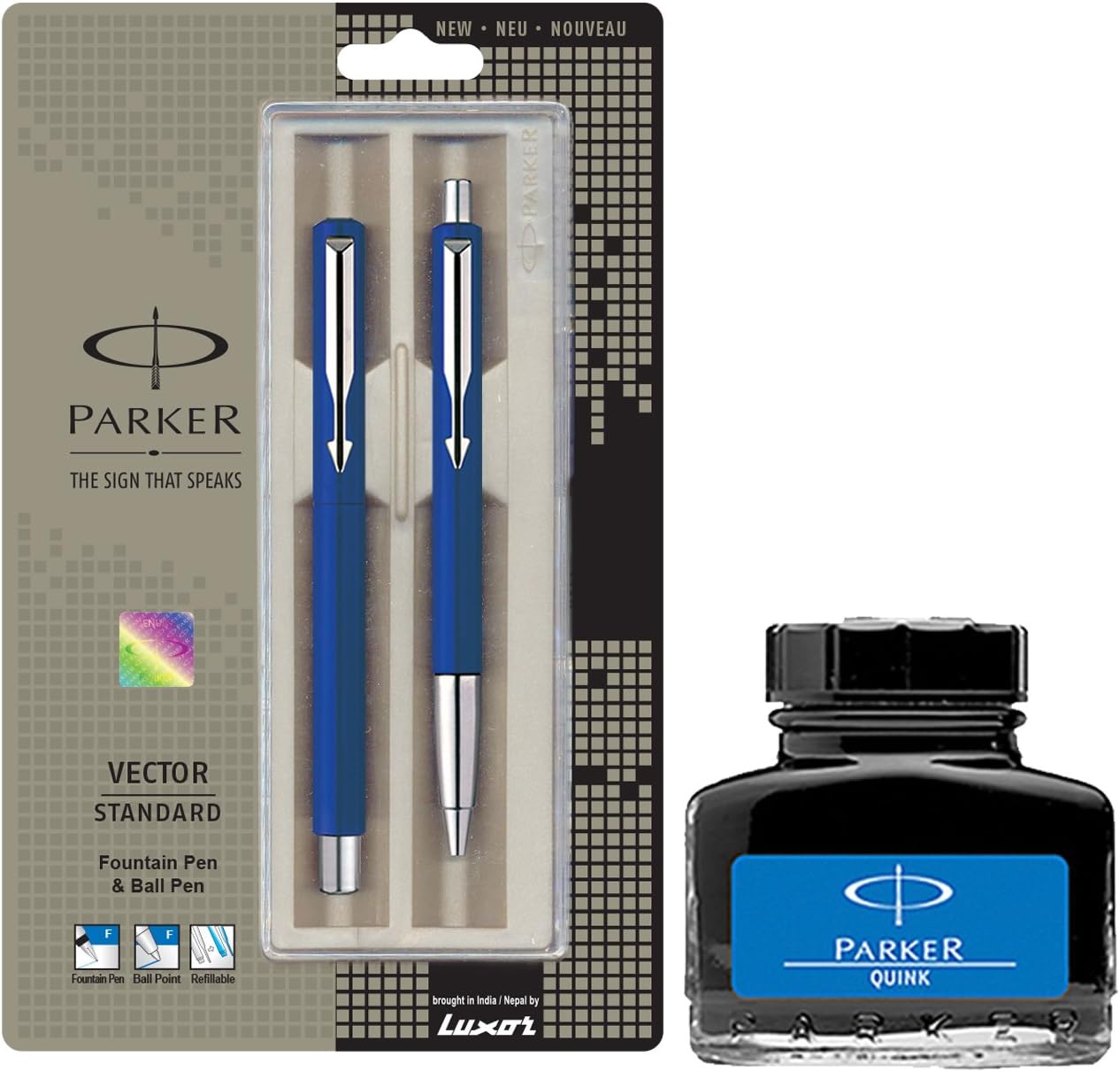 Parker Vector Standard Sets Fountain Pen + Ball Pen - Blue + Quink Ink Bottle - Blue (30ML)