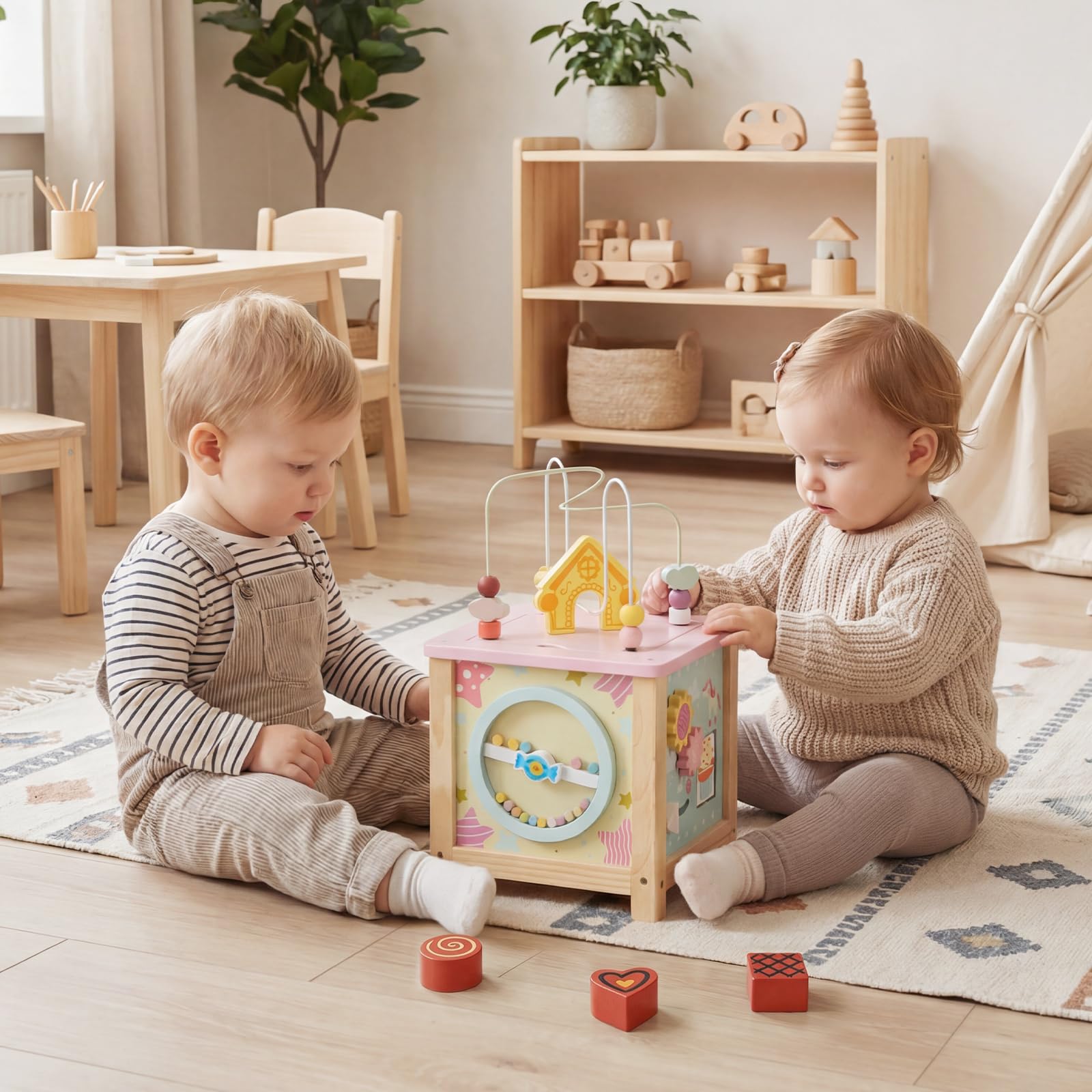 COSTWAY Cubo de Actividades de Madera, Juguetes Sensoriales Montessori para Niños de 18+ Meses, Juguetes Educativos para Bebés, Juguetes de Aprendizaje