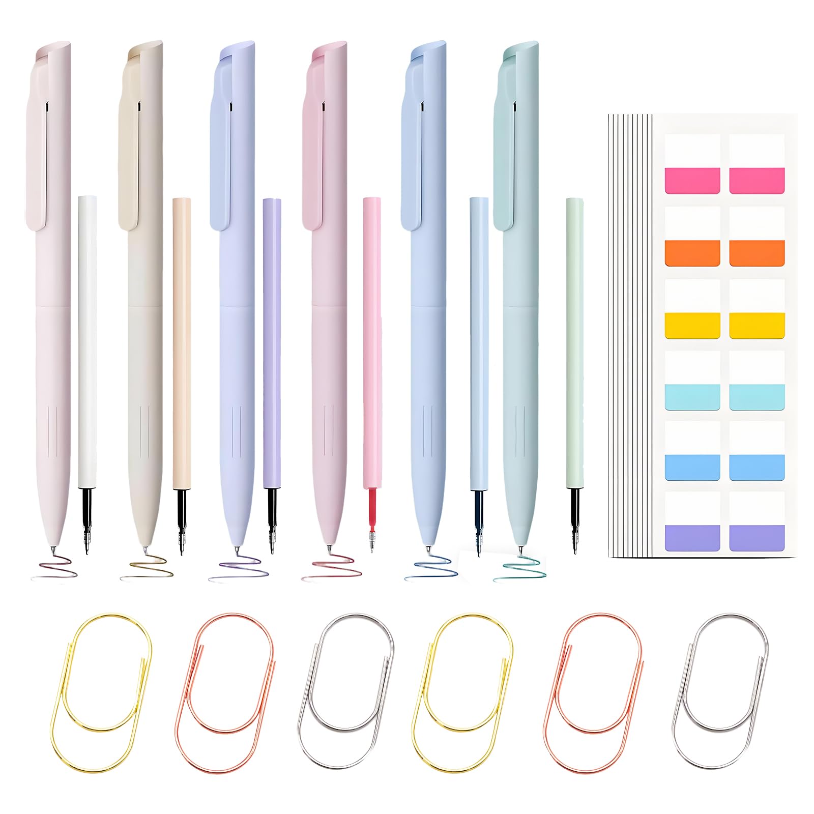 Rayakt 6pcs Retractable Gel Pens Set, Coloured Writing Pen with 6 Refills, 120 Page Tabs & 6 Paper Clips, 0.5mm Ink Gel Pen Set for School, Office, Journaling, and Study Organization