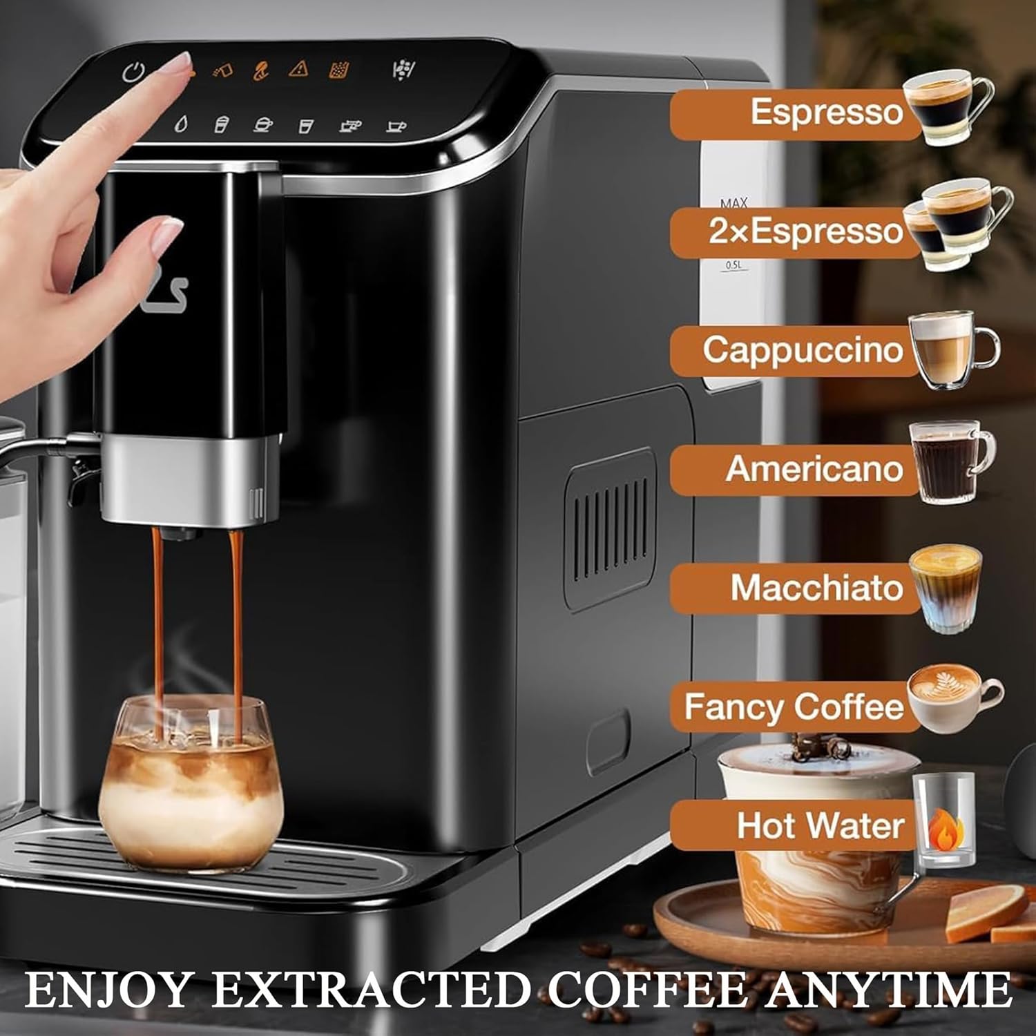 Fully Automatic Espresso Machine, 20 Bar Coffee Machine with Built-In Grinder and Milk Frother, Adjustable Espresso Bean Grinder, One-Touch Screen Coffee Machine with 1.5L Water Tank for Home Office