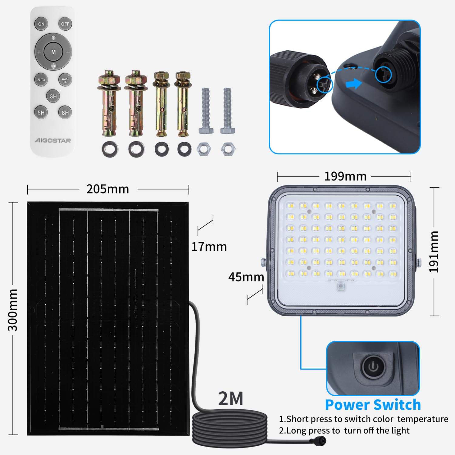 Aigostar - Foco proyector LED solar con mando a distancia,8000mAH,gran panel solar y batería de gran capacidad,regulable 3000/4000/6500K,Función crepuscular,Luz solar para exterior y jardín,patios.