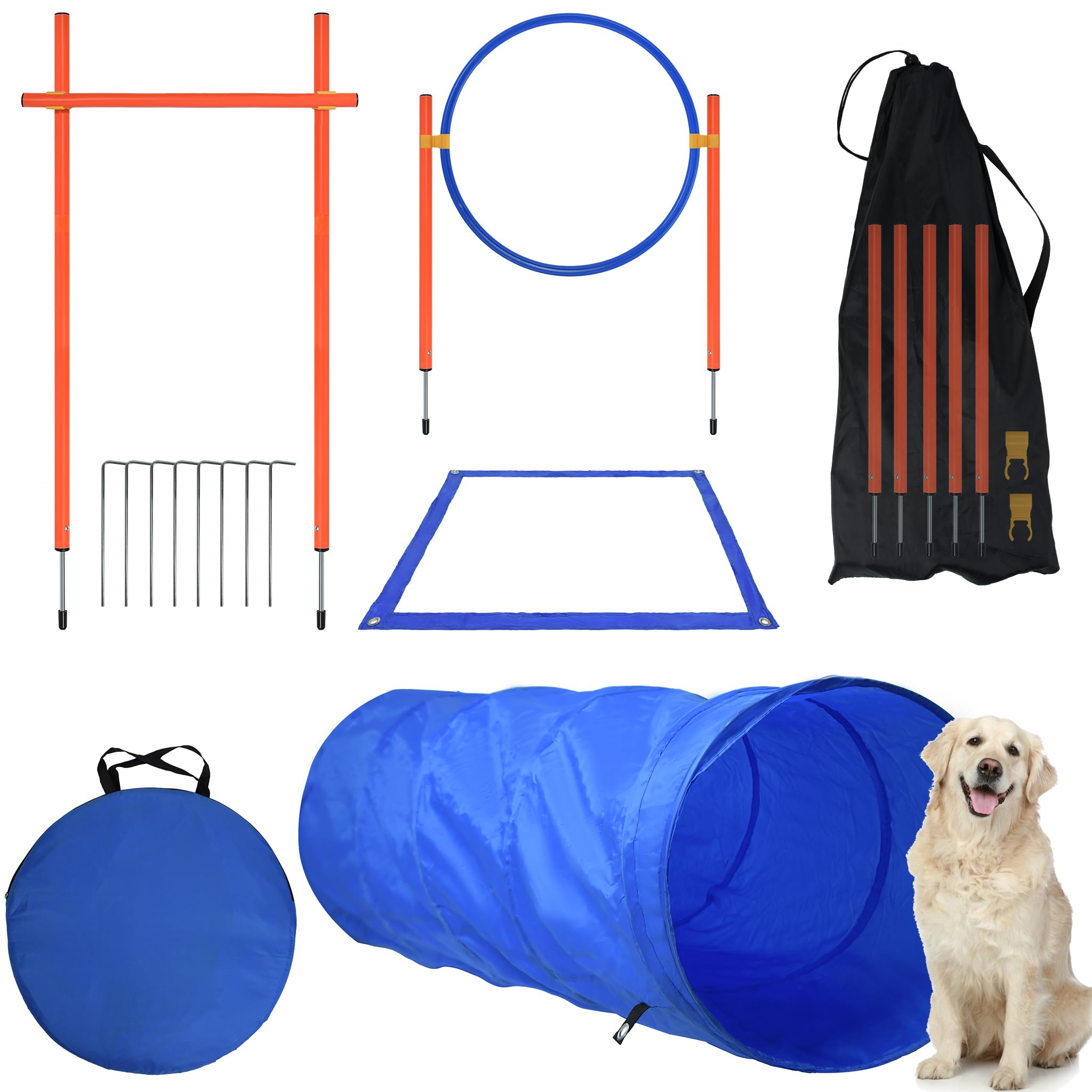 SUBTLETY Agility Ausrüstung für Hunde Groß Klein Hundetraining Spiele Agility Set mit Hundetunnel, Hürden, Slalomstangen, Springring, Pausenfeld und Tragetasche Hundeparcour Zubehör
