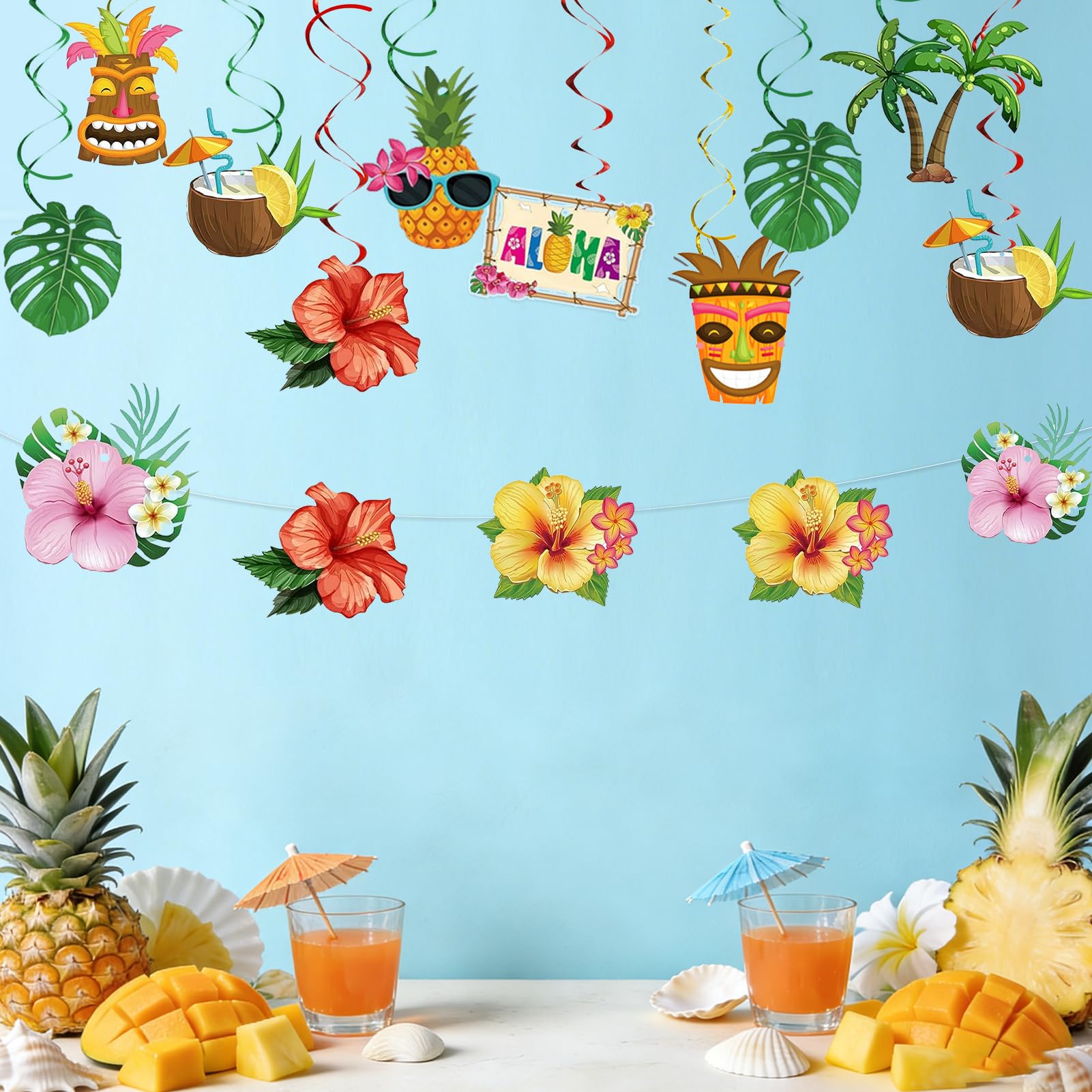 40 Piezas Hawaiana Remolinos Colgantes, Tropical Espirales Colgantes con Piña Coco Hojas de Palma Flores, Hawaiana Remolino Colgante, Serpentinas en Espiral para Fiesta Hawaiano Tropical Playa