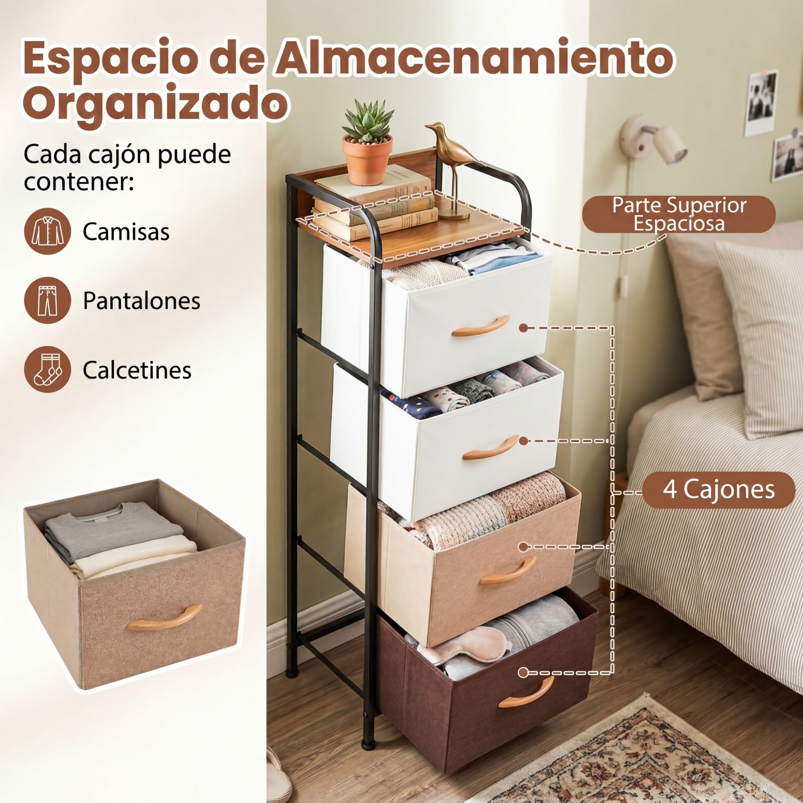 COSTWAY Cómoda con 4 Cajones, Cajonera Estrecha con Cajones de Tela Plegables Extraíbles y Estructura Metálica, Armario Organizador Independiente para Entrada Salón Dormitorio Vestidor