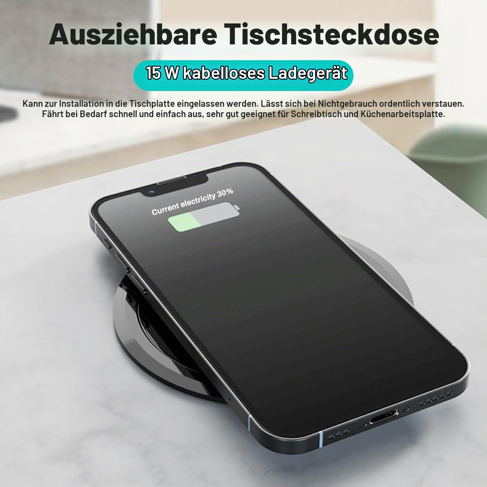 DEWIN Versenkbare Steckdose, Tischsteckdose 3 Fach Steckdosenleiste mit USB C, Kabellosem Ladegerät 15W und 1,5m Kabel Schwarz