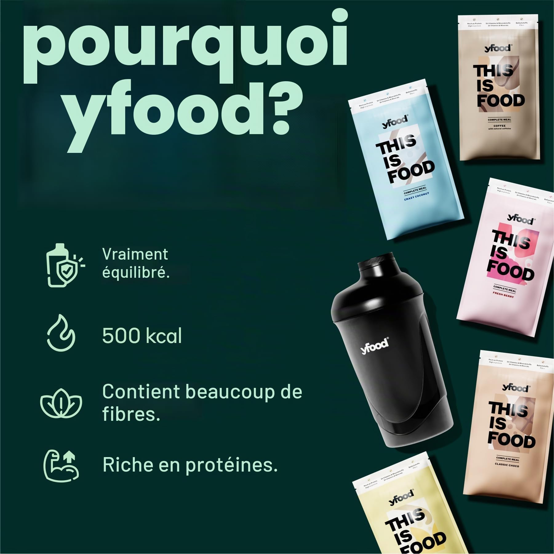 yfood Repas en Poudre, Pack Découverte 10 repas/5 variétés, 25g protéines | Repas complet en 2 min – 25g de protéines et 26 vitamines & minéraux pour une alimentation équilibrée à tout moment.