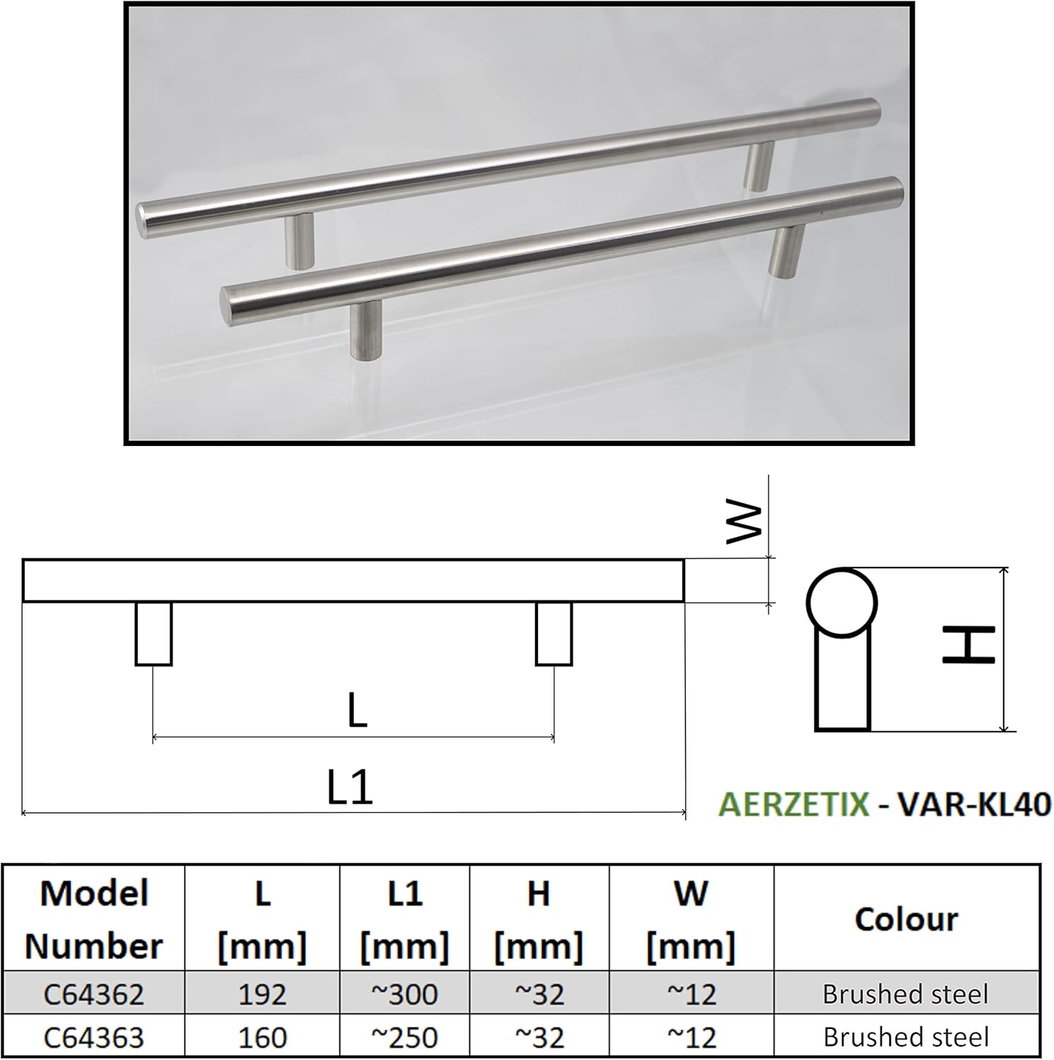 AERZETIX - C64362 – Set of 2 Furniture Handles Wheelbase 192 mm – Door Cupboard Drawer Interior Decoration Kitchen Living Room Assembly – Metal – Brushed Silver Finish