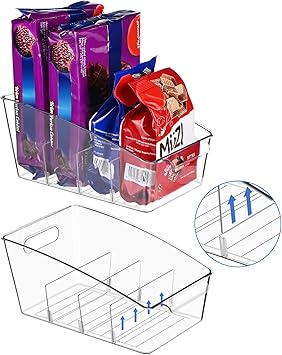 2 Pack Clear Pantry Organizer Storage Bins Removable Snack Organizer Plastic Cabinet Organizers Racks with 3 Dividers, Refrigerator Bins, Kitchen Organization Kitchen Storage