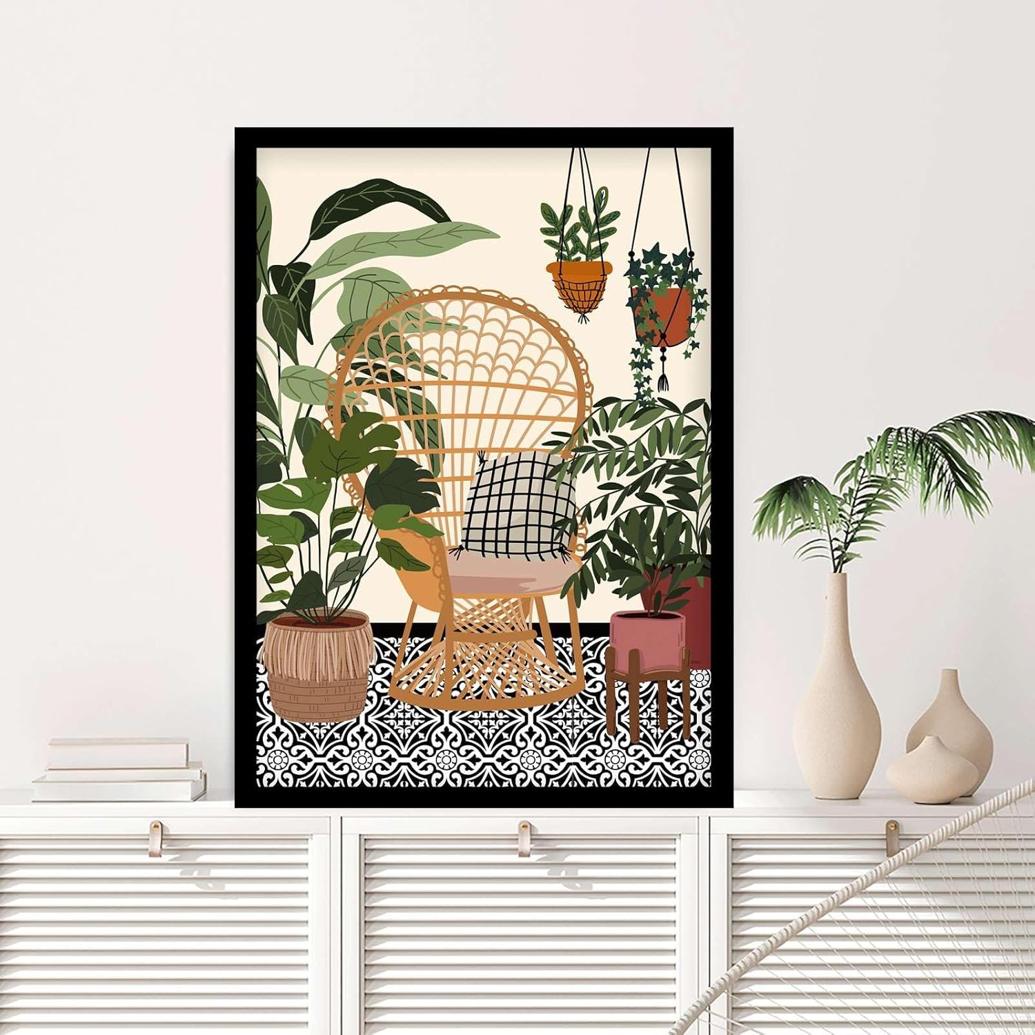 Poster Decorative Canvas Painting Garden Patio Retro Tile Botanical Plants Art Print Hanging Macrame Eclectic Gallery Checkerboard Home Decor Bedroom and Kitchen Office Wall Decoration 8x12inch Solid wood