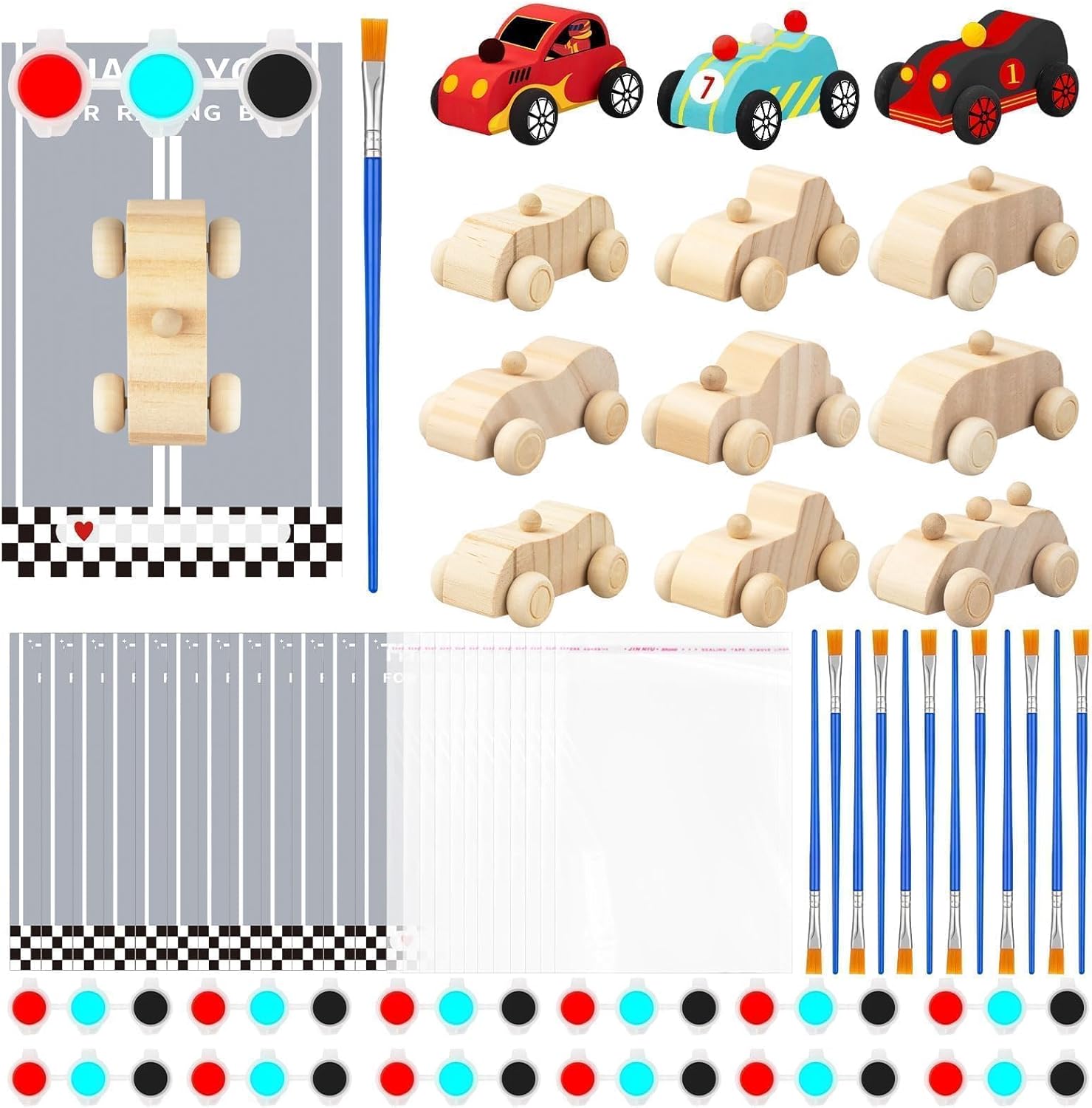 12 Sets Race Car Painting Party Favors Wooden Car Craft Set, Unfinished Wood Cars Shapes with Paint Supplies, Cards and Gift Bags, Bulk Event and Party Favor Supplies