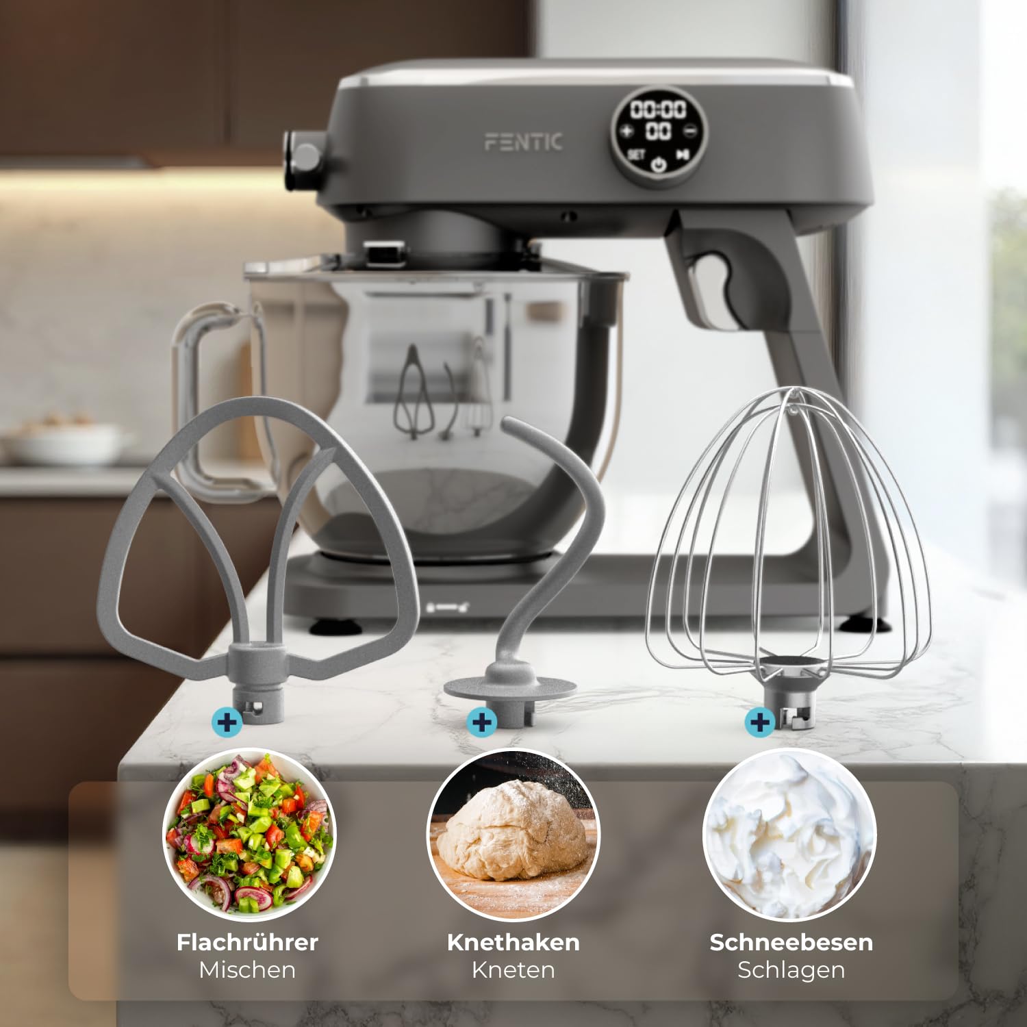 Küchenmaschine 1800W, 7L Edelstahl-Rührschüssel, Knetmaschine für Brotteig & Pizzateig, Planetenrührwerk, 10 Stufen mit Timer, Knethaken, Rührbesen, Schneebesen & Spritzschutz