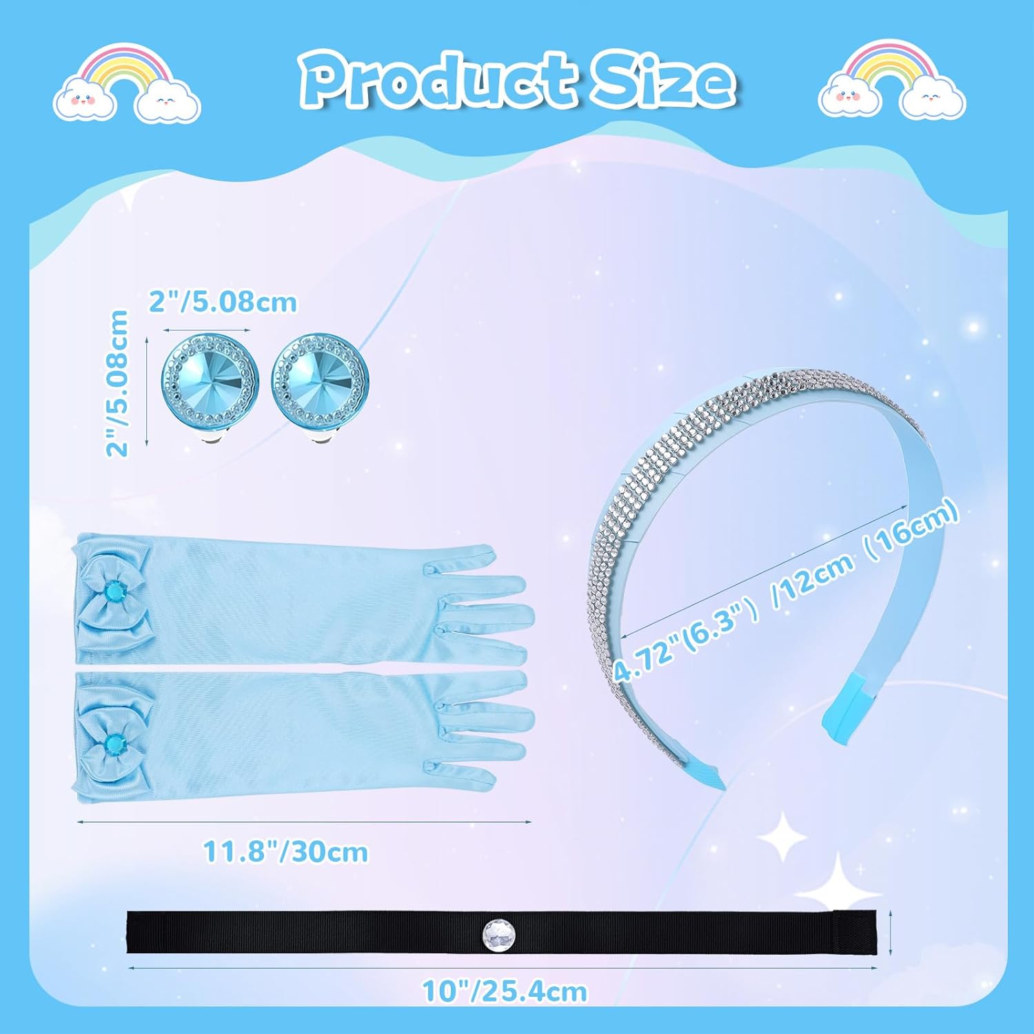 Cinderella Accessories for Girls - 4 PCS Rhinestone Crown, Headband, Choker Necklace, Gloves & Earrings for Dress-Up, Birthday Parties, Halloween & Cosplay (Blue) - Image 2