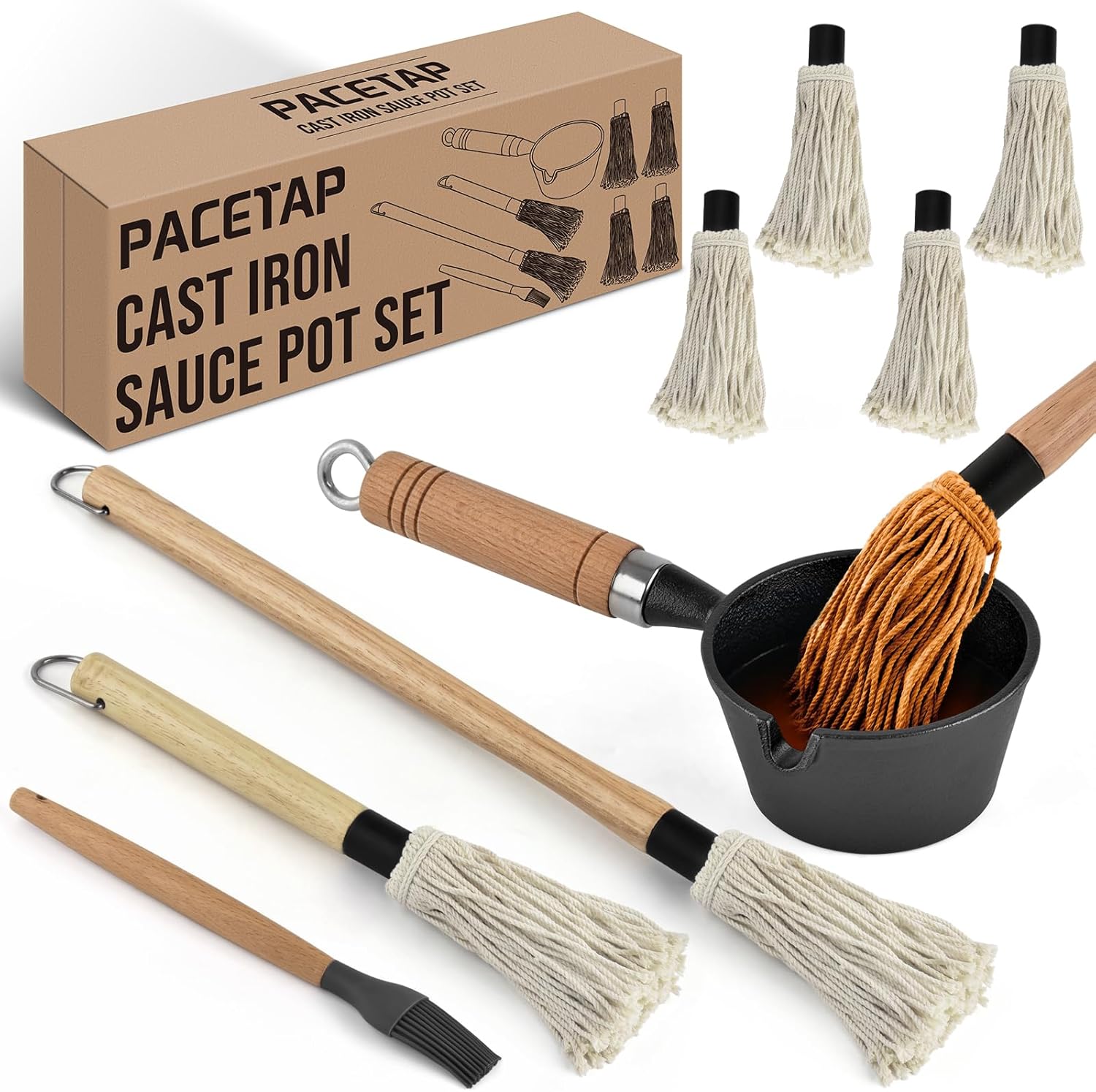 BBQ Mop Brush and Cast Iron Sauce Pot Set, 8Pcs Barbecue Accessories Include Basting Melting Pot, 2 Size Wooden Handle Sauce Mops with 4Pcs Replacements and Oil Brush for Meat Smoker, Grill, Stove