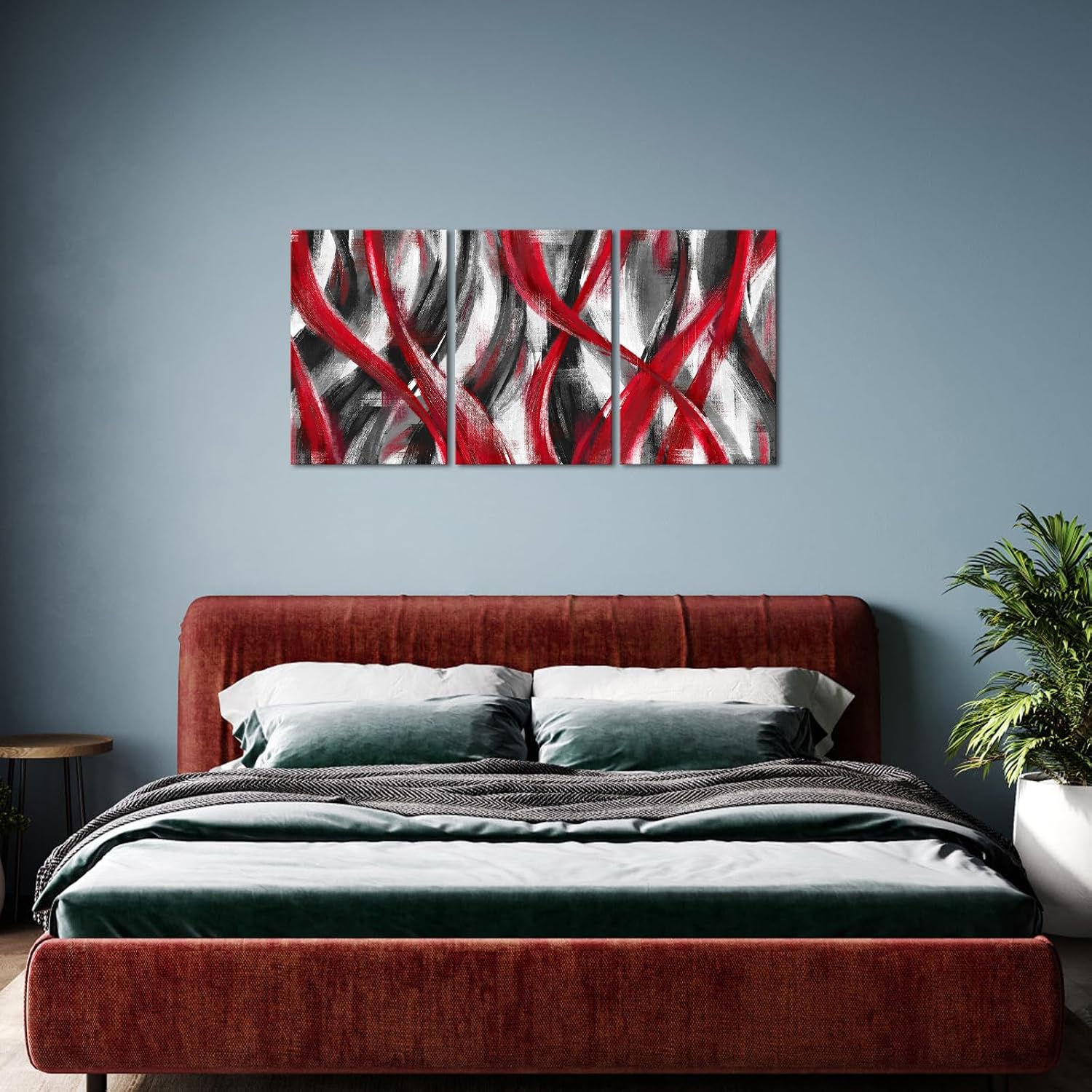 Visual Art Decor Red Abstract Geometric Wall Art Red Lines Painting, Framed Canvas Wall Art 16x24 inch x 3 Pieces