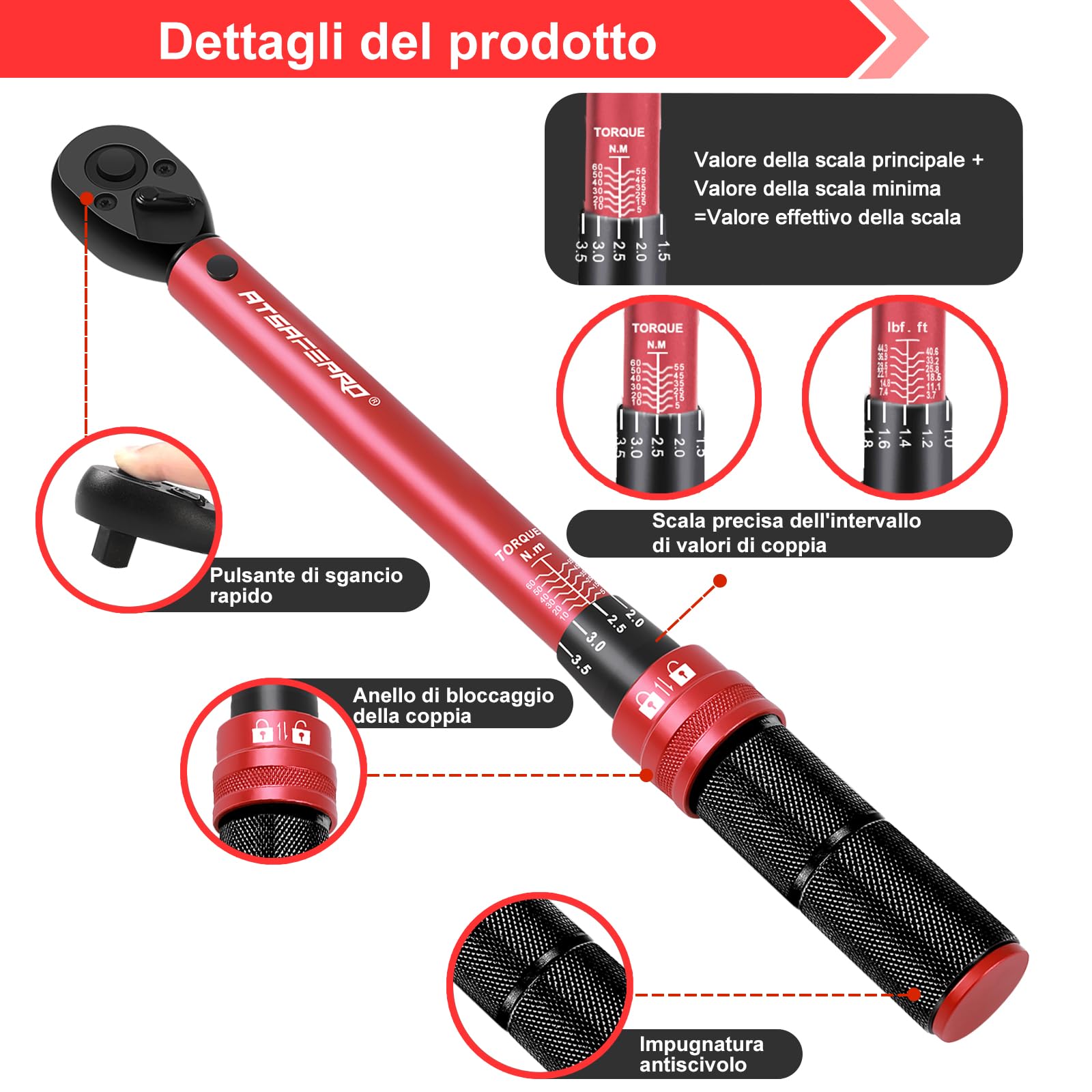 ATsafepro Chiave Dinamometrica 3/8'',5-60 Nm, Precisione ±3% con 72 Denti, Chiave Dinamometrica per Bicicletta, Moto e Auto Manutenzione del Veicolo