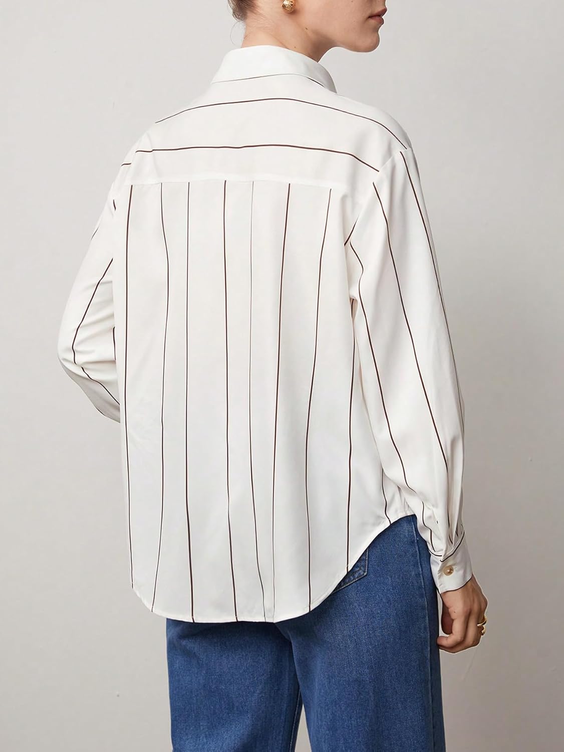 Women's Striped Button Down Shirt Elegant Long Sleeve Collared Loose Blouses Business Casual Tops - Image 2