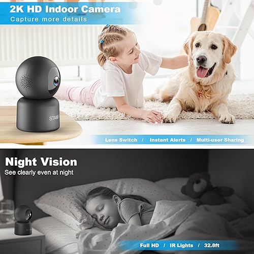 Miniatura 2 de Cámara de seguridad para interiores, cámaras 2K para seguridad en el hogarmonitor de bebéperroanciano, cámara inteligente 2.4G WiFi para mascotas