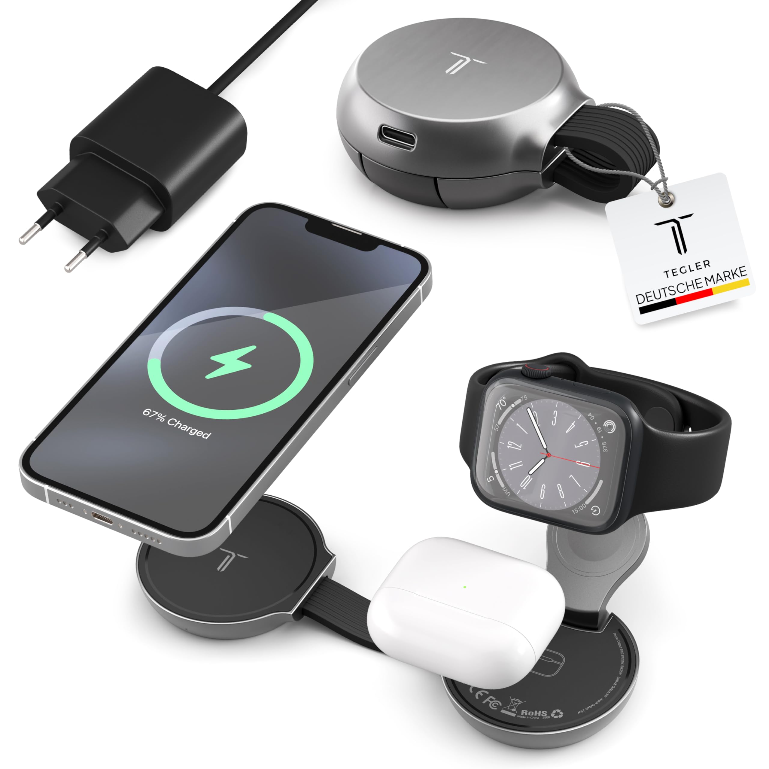 QI 2.2 stazione di ricarica 25 W - 3 in 1 stazione di ricarica da viaggio compatibile con MagSafe per iPhone, Apple Watch, caricatore pieghevole con adattatore da 45 W e cavo USB-C (antracite)