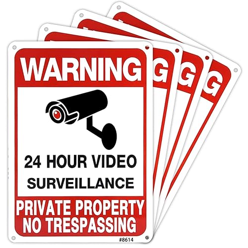 Miniatura 7 de Juego de 4 letreros de advertencia de videovigilancia las 24 horas, aluminio, 10 x 7 pulgadas, impresión UV, disuasorio para la propiedad privada,