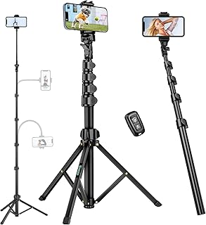 Selfie Stick Tripod, 85" Phone Tripod, Aluminum Tripod Stand for Video Recording Photo Vlog, Travel Cell Phone Tripod with Gooseneck/Remote/Phone Holder, Compatible with iPhone Android Smartphone