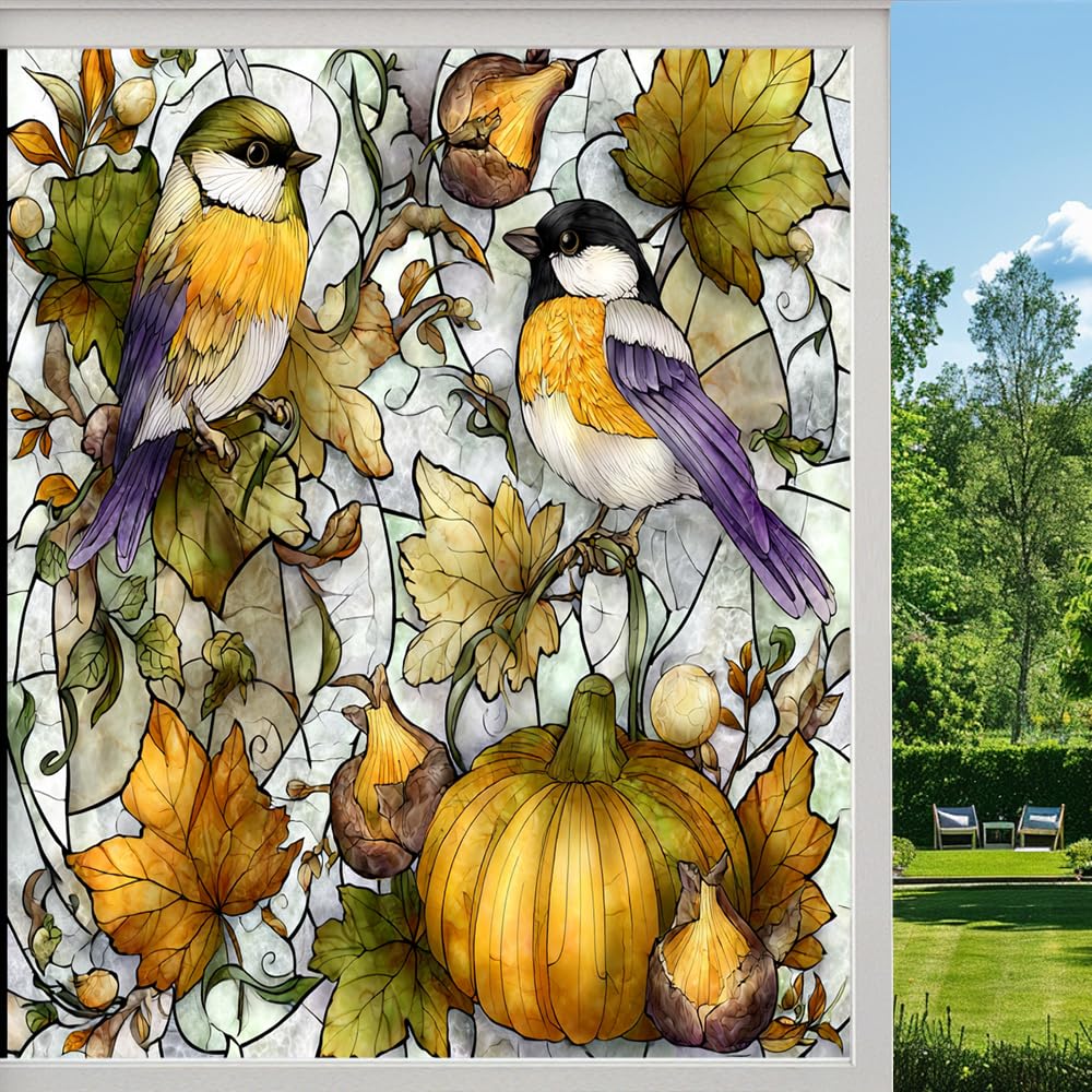 Colorful Autumn Bird Stained Glass Window Film, Pumpkin Harvest Botanical Peel and Stick Privacy Film, Frosted Adhesive Vinyl Decorative for Bathroom Windows Glass Doors,（50x100cm）