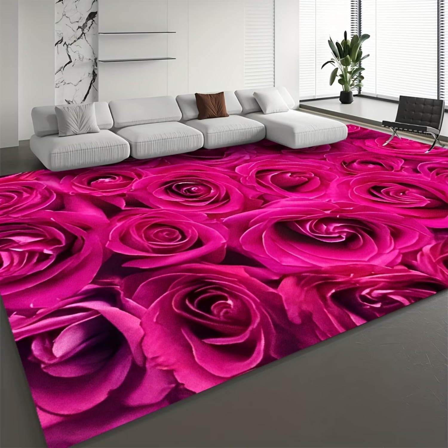 Pink Rose Area Rug for Living Room 180x230cm 3D Fuchsia Floral Printed Rug