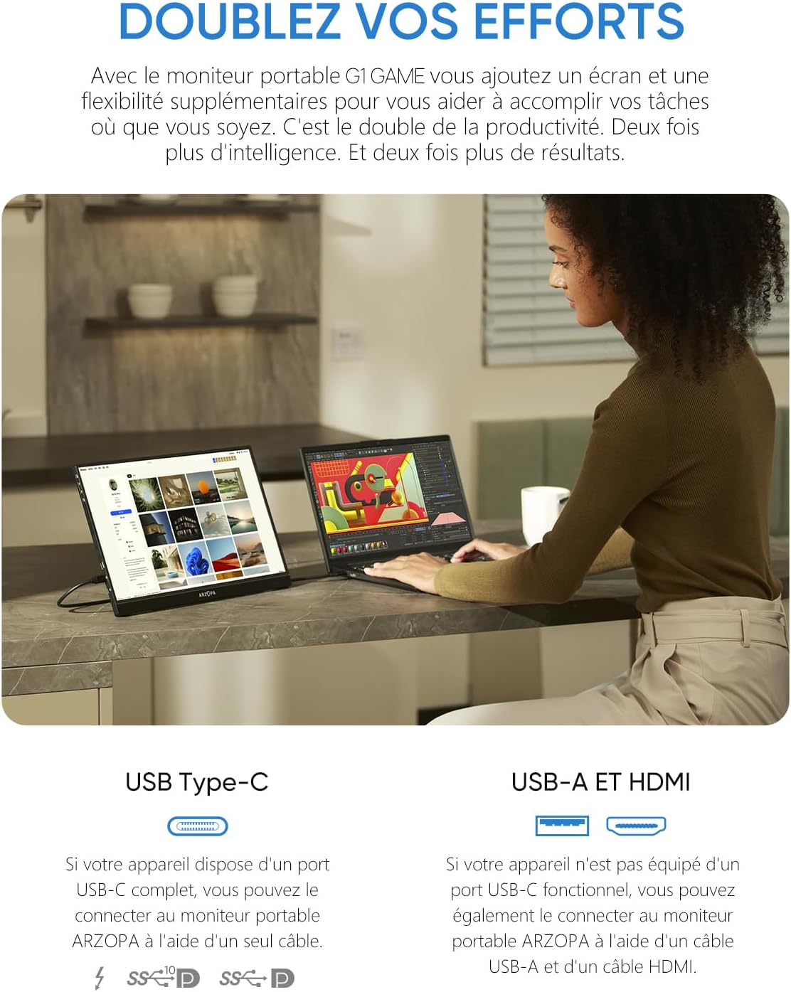 ARZOPA G1 GAME portable monitor set up next to a laptop, extending the display