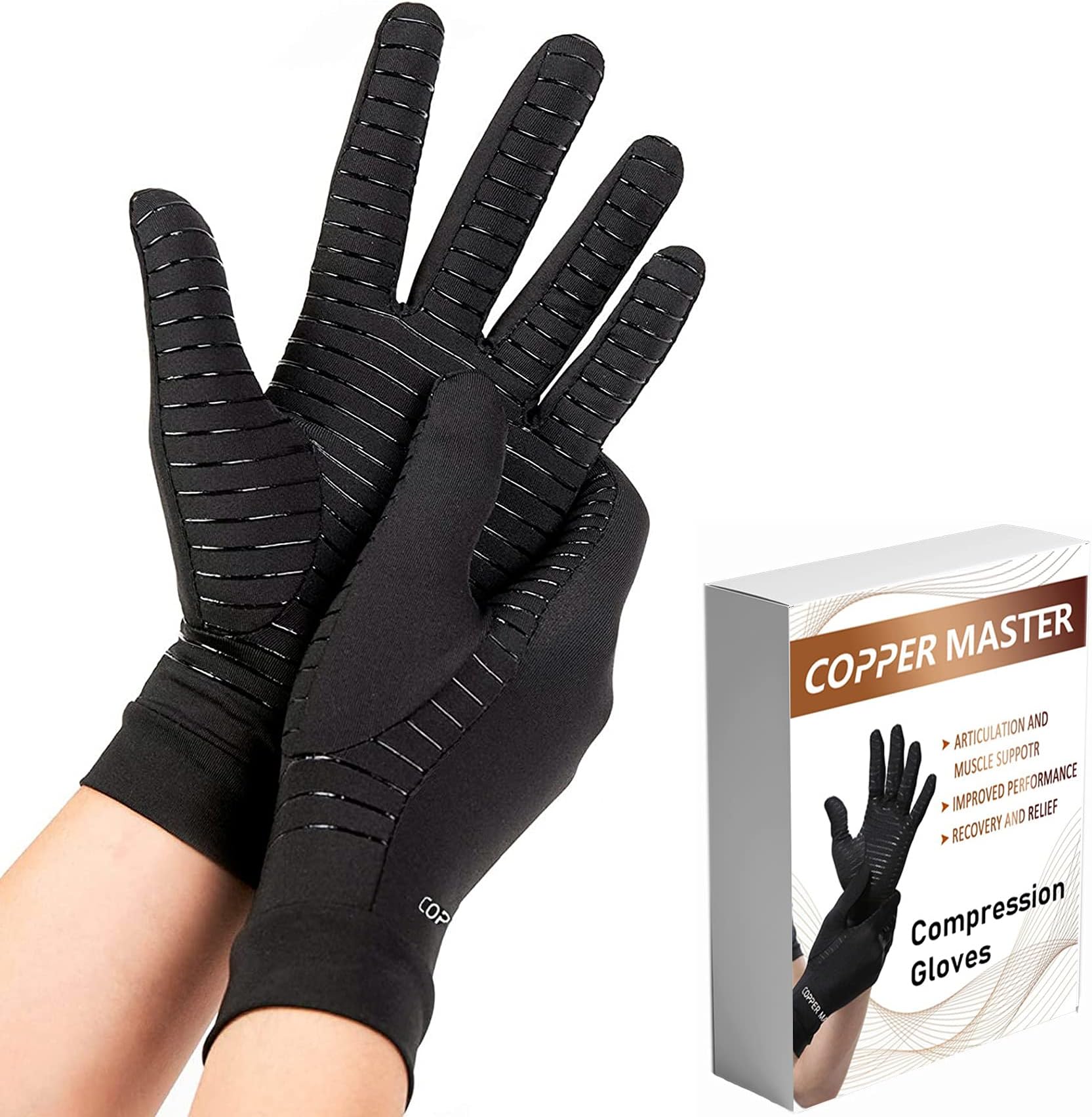 HIGHCAMP Compression Gloves for Arthritis Hands, Copper Infused to Relief Swelling Pain Joints Wrist