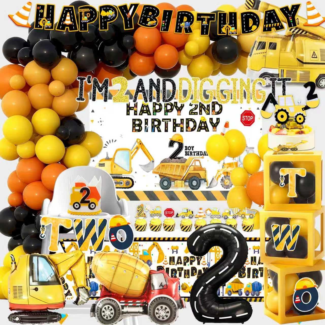 Construction 2nd Birthday Party Supplies Boy Dump Truck Digger Zone 2nd Birthday Decorations include Balloon Garland Balloon Box Highchair Banner Cake Topper Hat Backdrop Banner Tablecloth