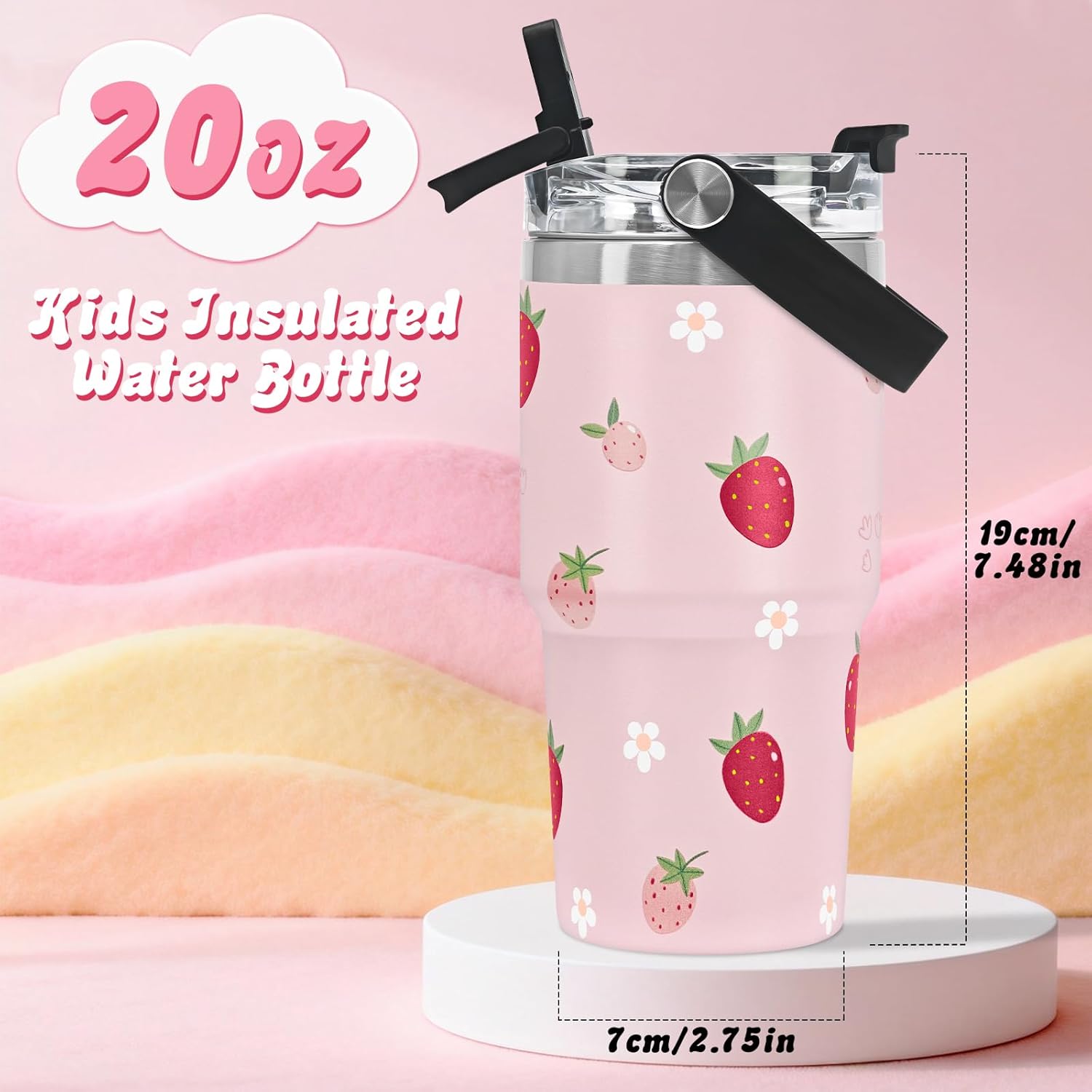 20oz Tumbler with Handle,Strawberry Insulated Stainless Steel Kids Water Bottle,Leak-Proof and Fit Cup Holders,Reusable Tumbler with Straw,for School Travel,Gifts for Boys and Girls - Image 2