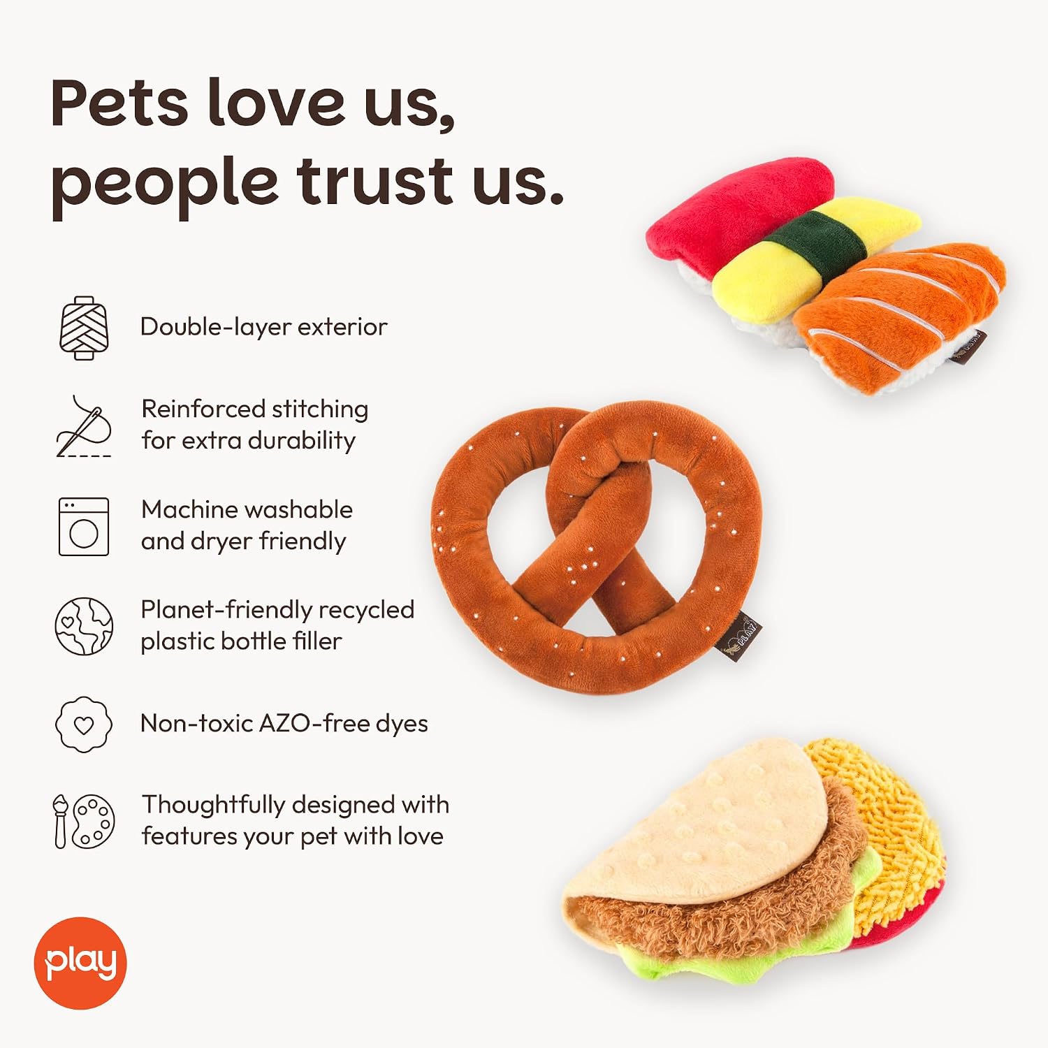 P.L.A.Y. Cute Plush Dog Toys - International Classic Food Themed Durable Plush Squeaker Chew Toys, Great for Puppies & Small, Medium, Large Dogs - Machine Washable, Recycled Materials (3 Piece Set)