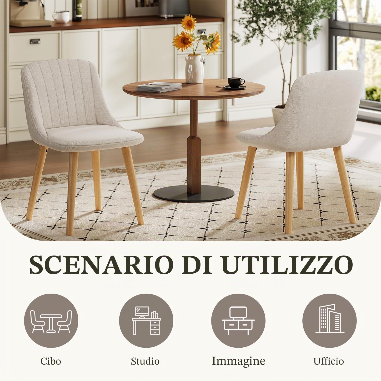 Sedie Sala da Pranzo Beige Sedie Cucina Set da 6 Imbottite Sedia da Soggiorno in Poliestere con Gambe e Schienale in Legno Massiccio