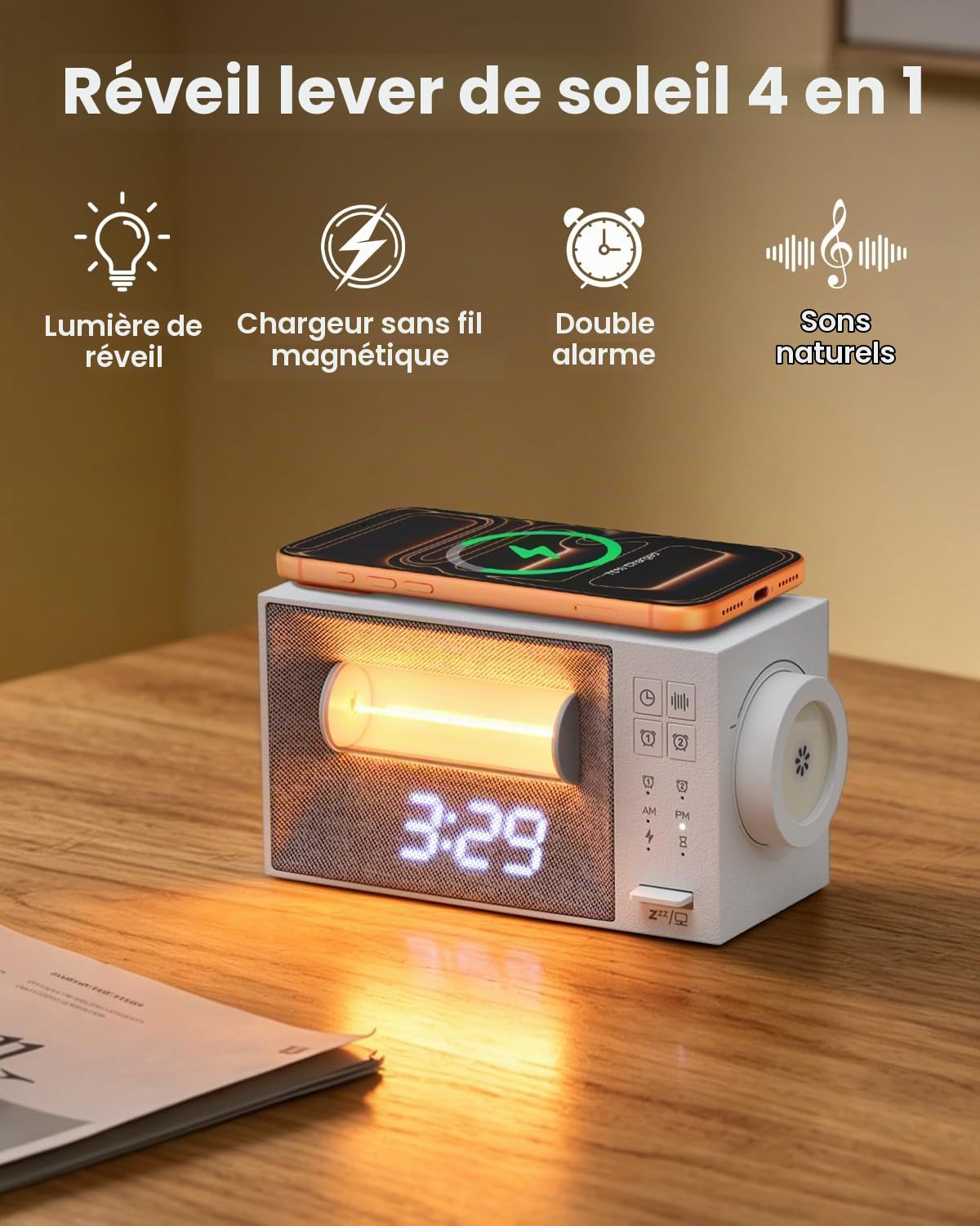 Lampe de Chevet 3 en 1 avec Chargeur sans Fil et Réveil Lumineux – Station d’Accueil pour iPhone, Veilleuse avec 20 Sons Apaisants, Simulateur d’Aube pour Chambre, Bureau et Table de Nuit