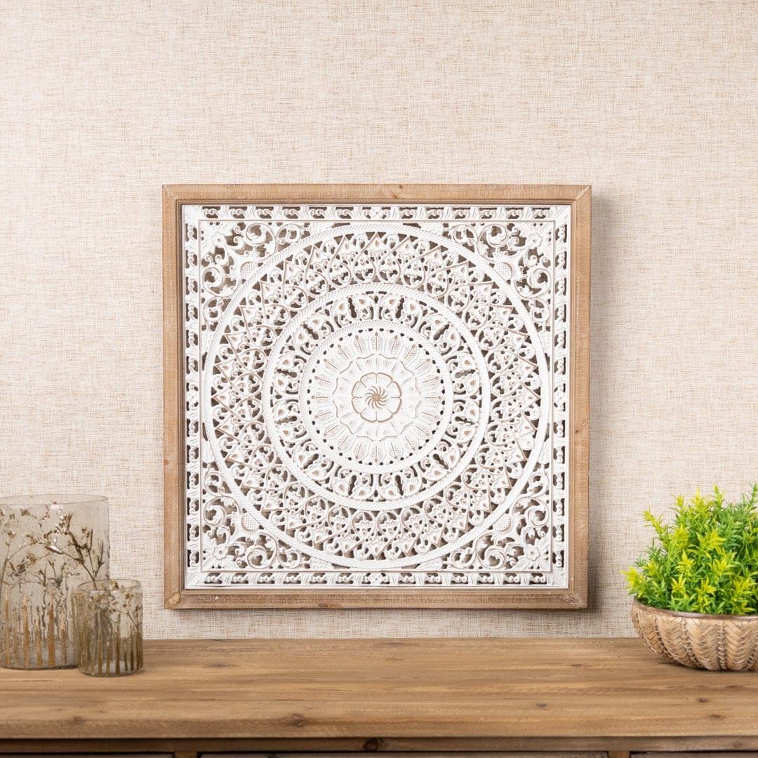Adeez Gallery Wooden Wall Panel Size (30x30) White MDF Wood Square Fleur-De-Lis Wall Art Different Design Wall Panel Look