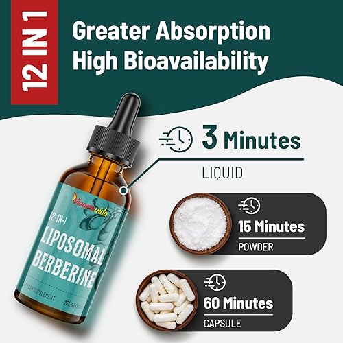 Miniatura 4 de Suplemento de berberina HCl de 3000 mg - Líquido liposomal de berberina HCl - Activador AMPK con cúrcuma, canela de Ceilán, 12 ingredientes