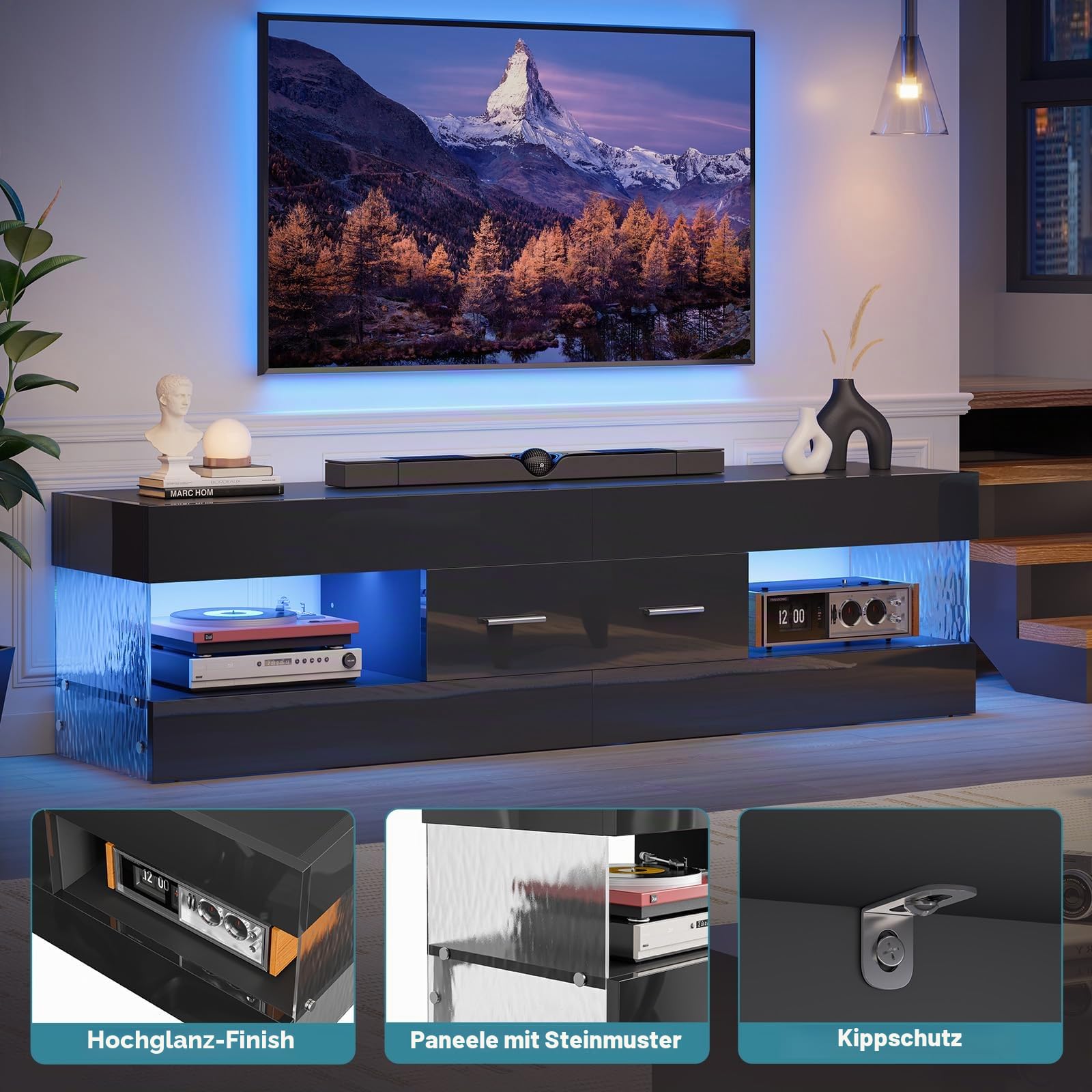 Bestier TV-Schrank für 55/60/65-Zoll-Fernseher, Hochglanz-TV-Möbel mit Seitenwänden in Steinoptik, LED-Entertainment-Center mit großer Schublade, TV-Konsole für Wohnzimmer und Schlafzimmer (Schwarz)
