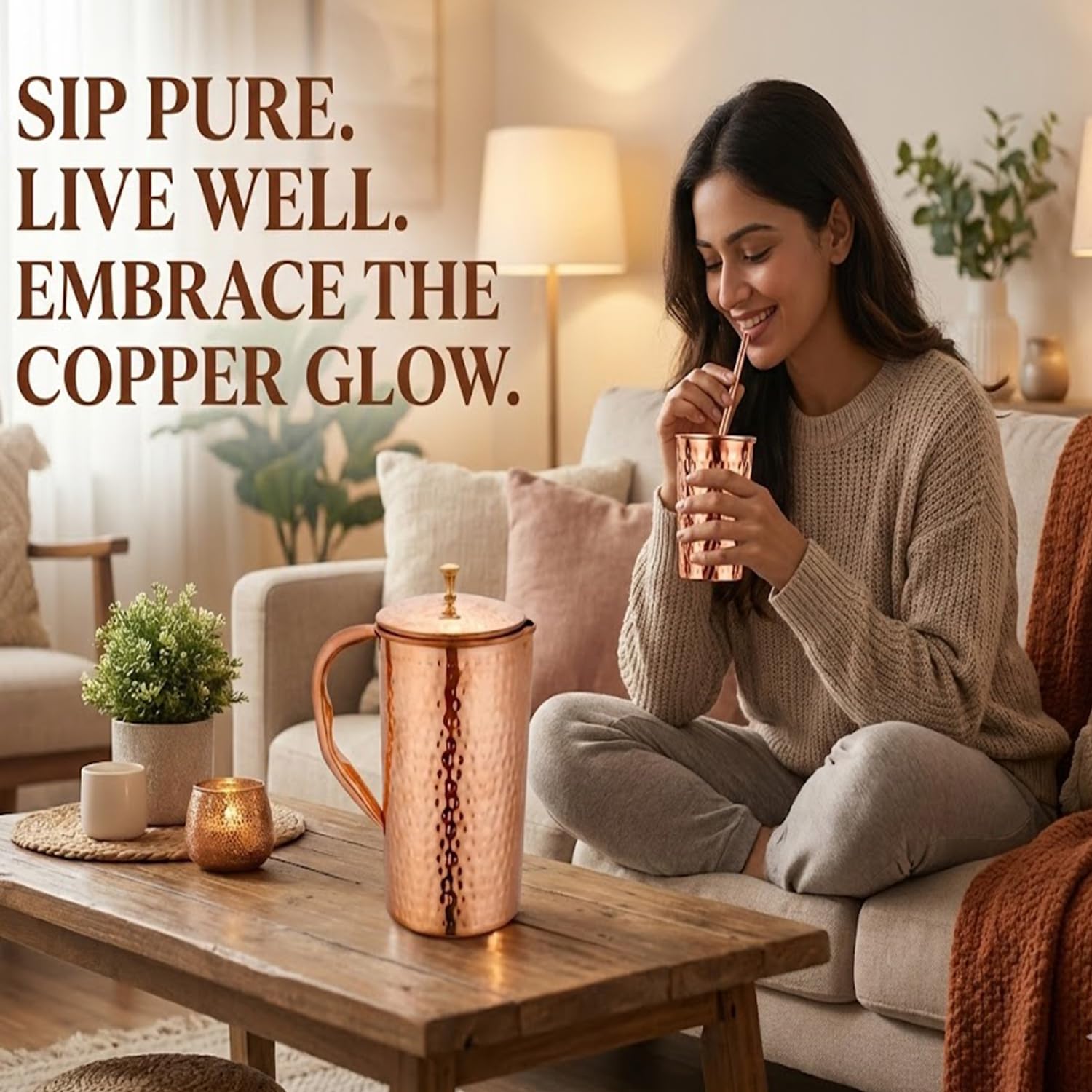 Taluka - Jarra de agua martillada de cobre puro con 2 vasos de vidrio martillado y 1 pajita de 70 onzas / 2000 ml/2 L para el hogar, restaurante, hoteles, regalos Ayurveda beneficios para la salud
