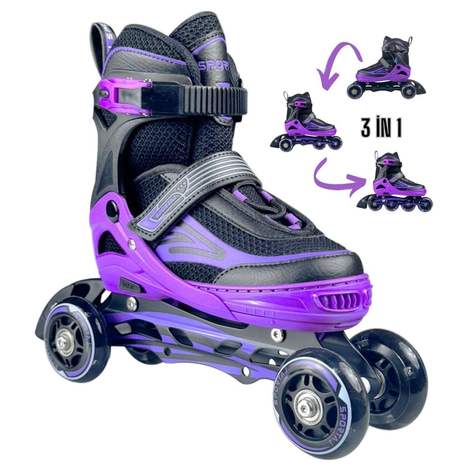 Sportaj Paten Premium TAJ-J1 Pro Paten Beyaz Led Işıklı Silikon Teker 3 in 1 Inline Çocuk Yetişkin Paten (Mor, 31-34)