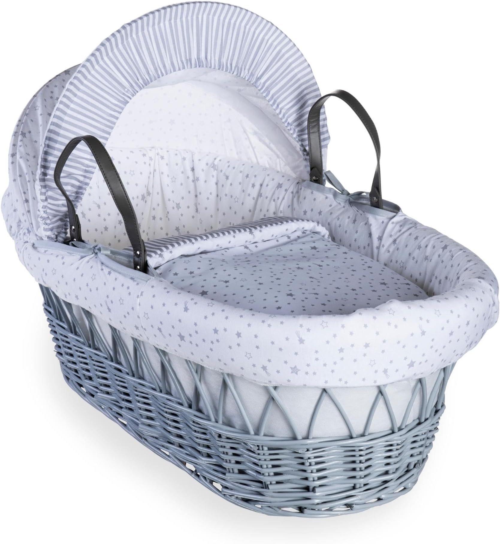 Clair de Lune Over The Moon Grey Wicker Moses Basket with bedding