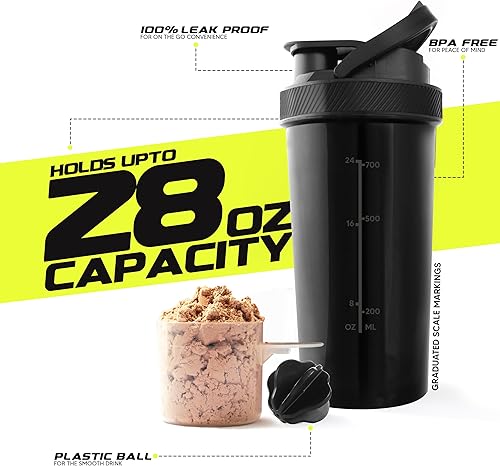 Miniatura 3 de KICHLY Shaker Bottle - Botella mezcladora de proteínas de plástico de 28 onzas para antes y después del entrenamiento con caja de proteínas Twist &