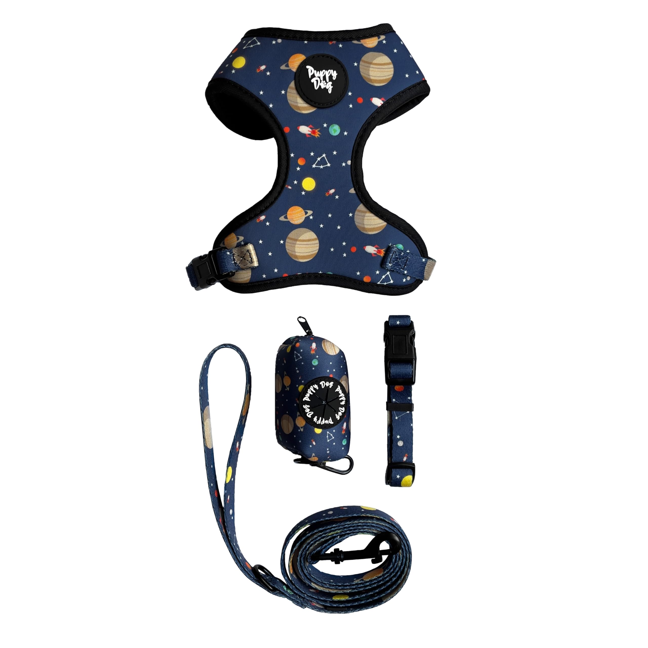 Puppy Dog - Set Arnés para Perros con Correa, Collar y Dispensador de Bolsa Higiénica, Mascotas, Antitirones (Modelo Galaxia) (S)