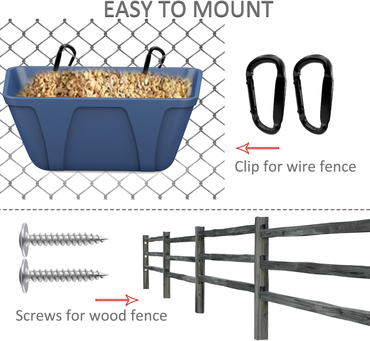Hanging Chicken Feeder Trough for Goat Sheep Deer Poultry Duck Chicken Fence Feeder Livestock Feeding Container Goats Supplies Feeders Waterer Bucket (Black and Blue)
