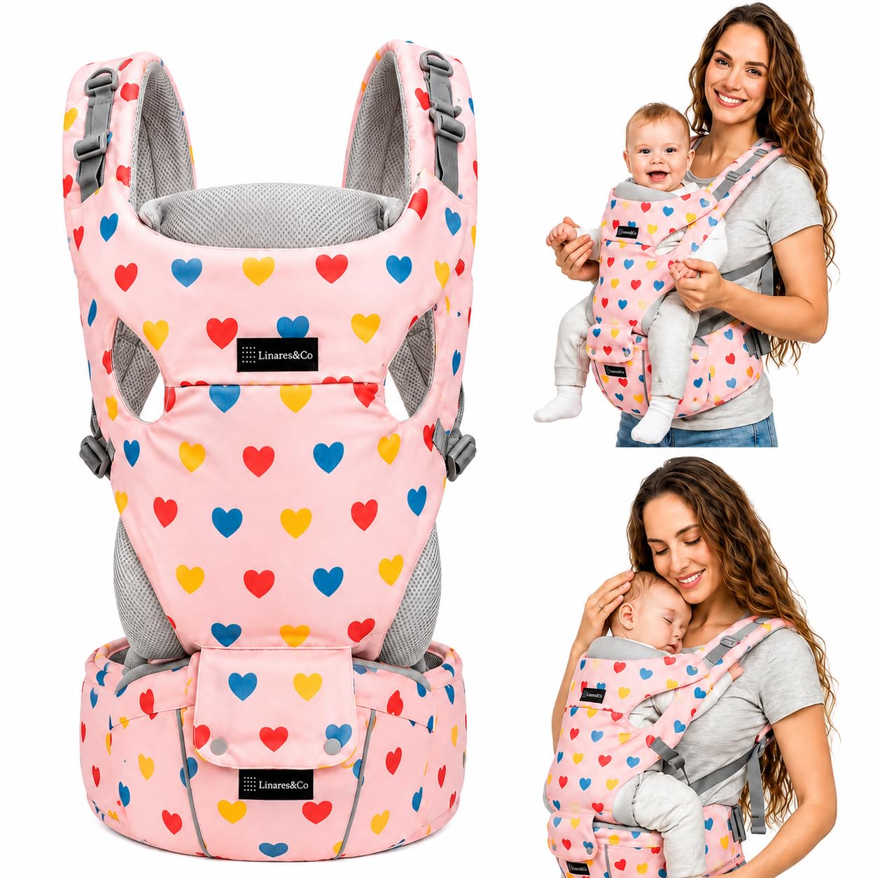 Linares&Co Mochila Portabebés Ergonómica 3-20 kg, Mochila de Porteo Bebé Ligera y Transpirable, Postura en M, Hebillas Clic, Lavable, Color Rosa